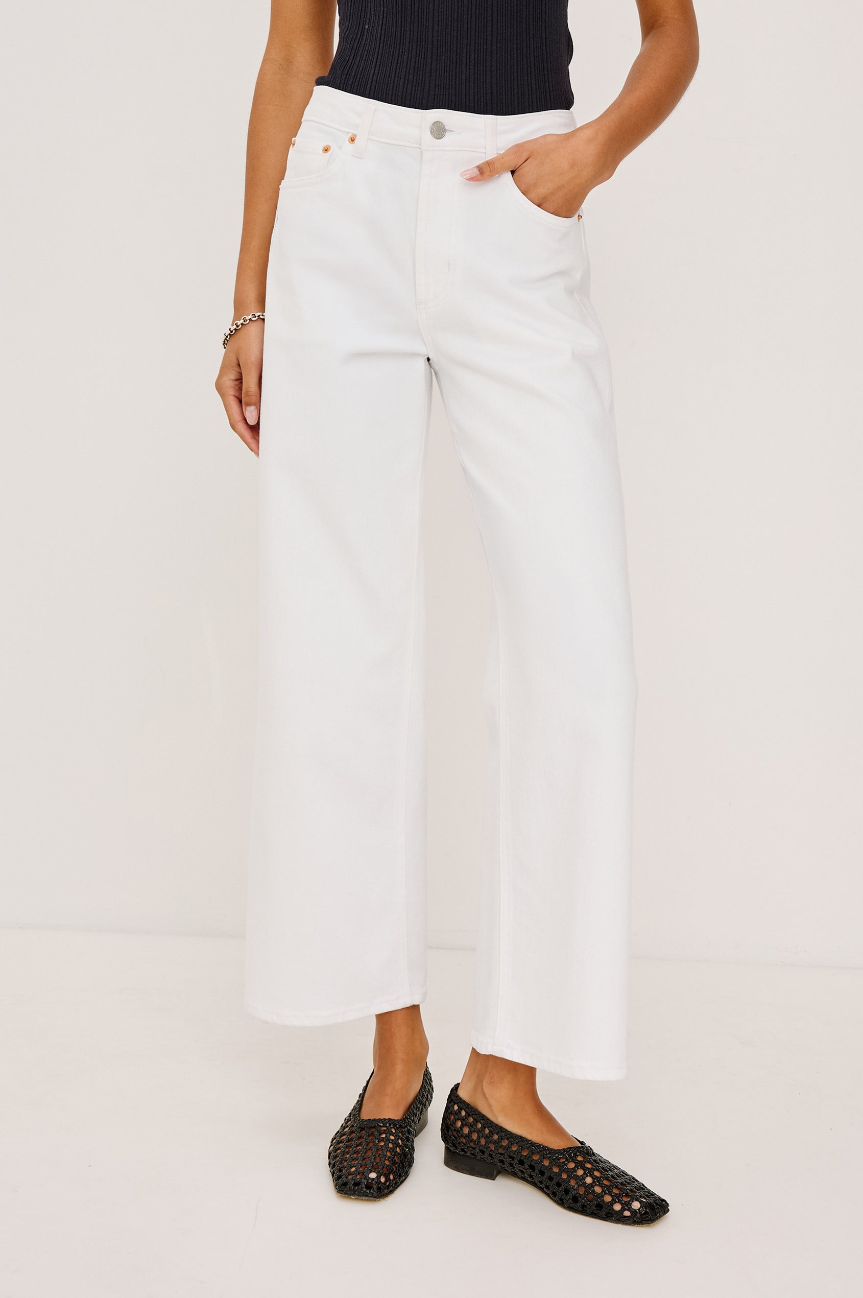 Getty Crop Jean in Light Stretch Denim With Wide Straight Legs, 27″ Inseam, 5-Pockets, and Zip Fly in Salt White Colorway - Lower Body Front View Featured on Model
