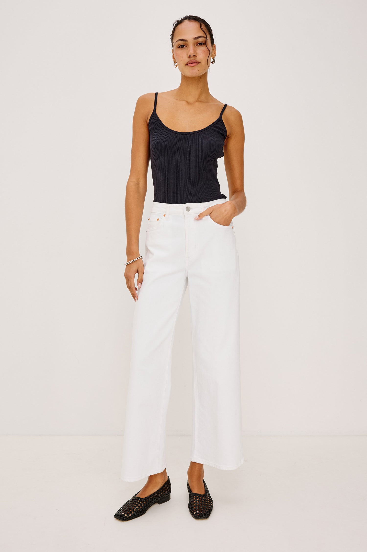 Getty Crop Jean in Light Stretch Denim With Wide Straight Legs, 27″ Inseam, 5-Pockets, and Zip Fly in Salt White Colorway - Full Body Front View Featured on Model