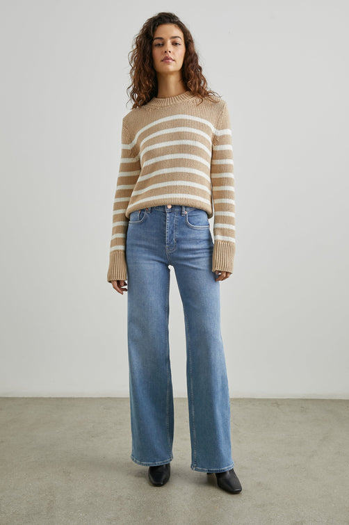 Getty Wide Leg Denim Pants with Belt Loops, Two Front Pockets and Two Back Patch Pockets in East Coast Colorway - Front Full Body View Featured on Model