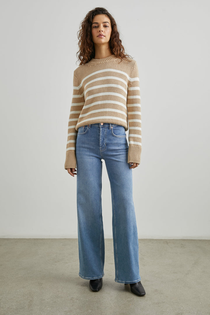 Getty Wide Leg Denim Pants with Belt Loops, Two Front Pockets and Two Back Patch Pockets in East Coast Colorway - Front Full Body View Featured on Model