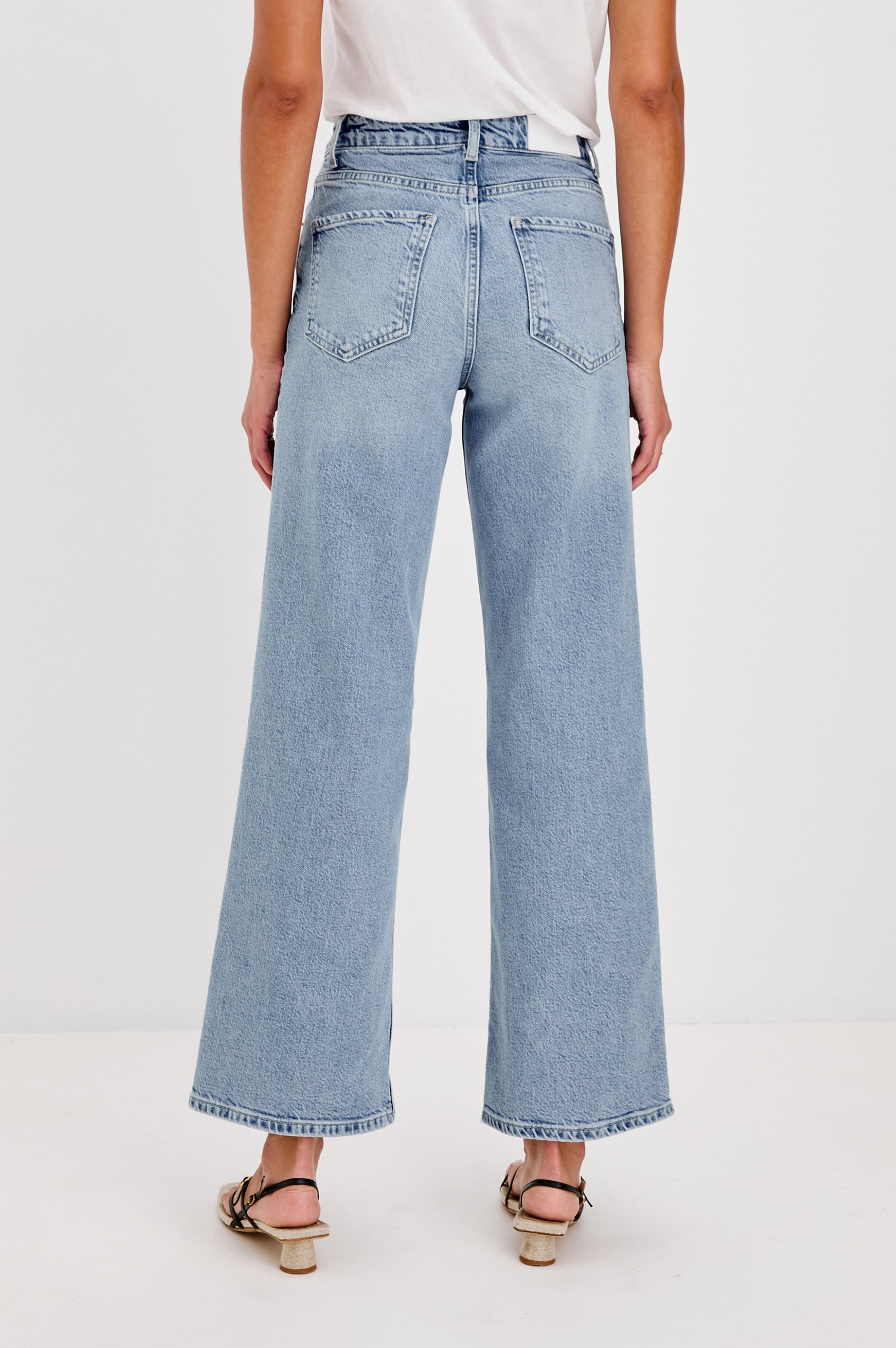 Getty high waisted 5 pocket wide leg jean in light wash Jasper - full body back view on model.