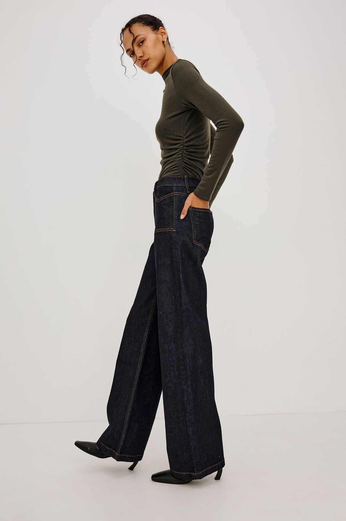 Getty Wide Leg Jean in Comfort Stretch Denim With High-Rise, Patch Pockets, Zipper Fly, and Extended Inseam in Wild West Colorway - Lower Body Front View Featured on Model