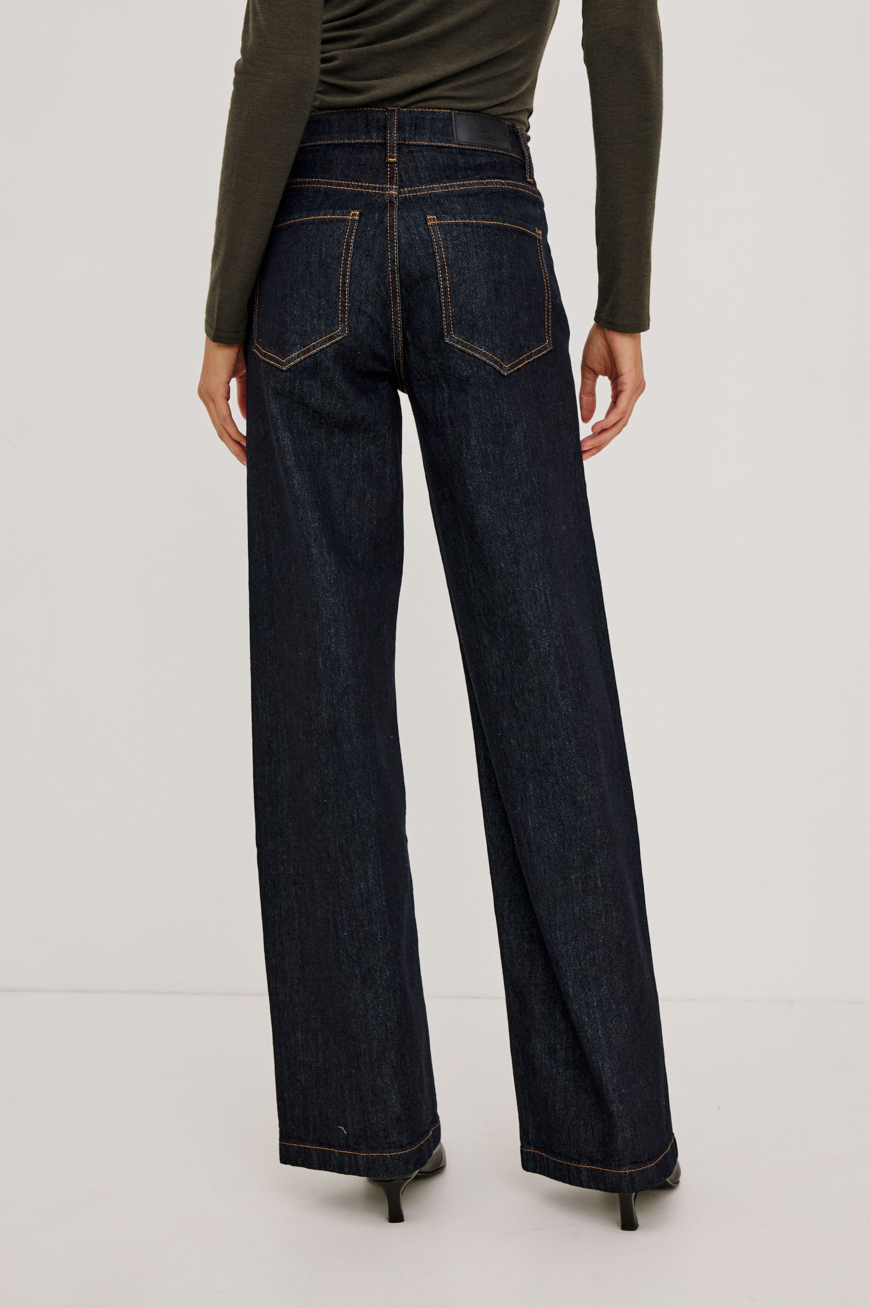 Getty Wide Leg Jean in Comfort Stretch Denim With High-Rise, Patch Pockets, Zipper Fly, and Extended Inseam in Wild West Colorway - Lower Body Back View Featured on Model
