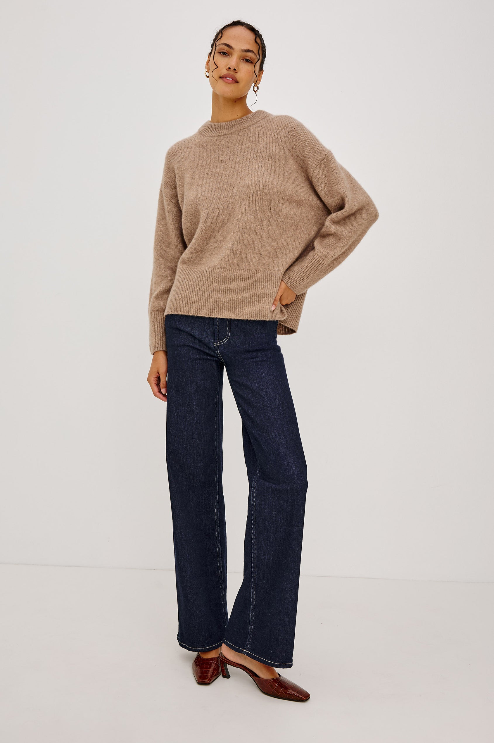Getty Petite Wide Leg Jean in Light Comfort-Stretch Denim With High-Rise, 5-Pockets, and Zipper Fly in After Hours Colorway - Full Body Front View Featured on Model