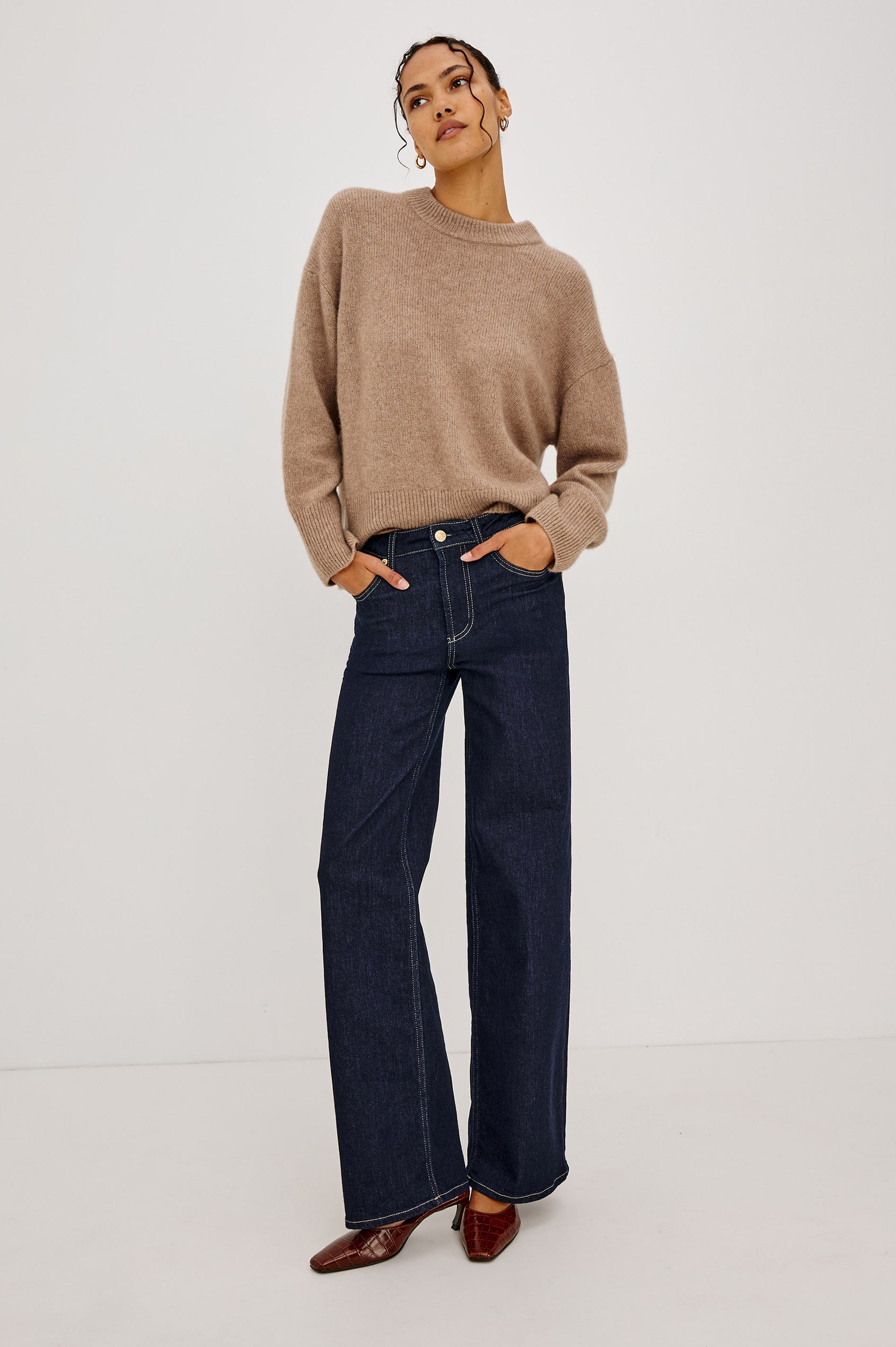 Getty Petite Wide Leg Jean in Light Comfort-Stretch Denim With High-Rise, 5-Pockets, and Zipper Fly in After Hours Colorway - Full Body Front View Featured on Model