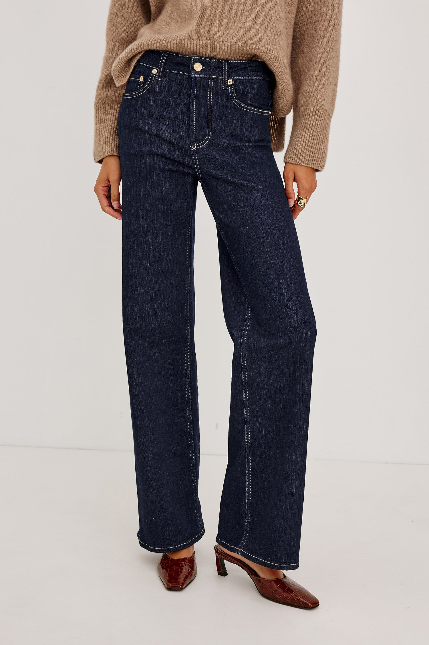 Getty Petite Wide Leg Jean in Light Comfort-Stretch Denim With High-Rise, 5-Pockets, and Zipper Fly in After Hours Colorway - Lower Body Front View Featured on Model