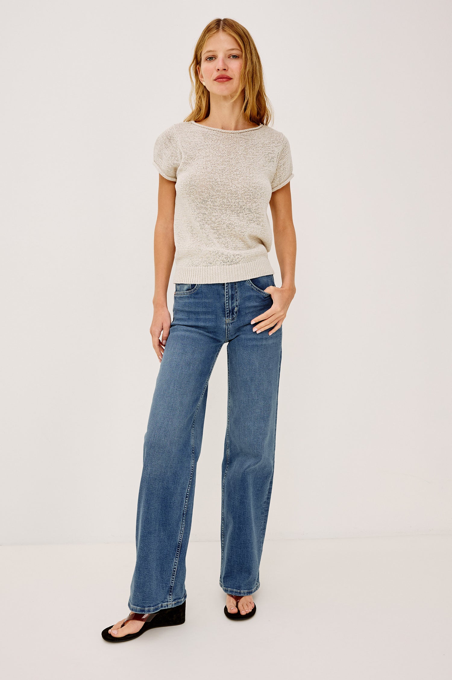 Getty Petite Wide Leg Denim Pants with Belt Loops, Two Front Pockets and Two Back Patch Pockets in East Coast Colorway - Front/Side View Featured on Model