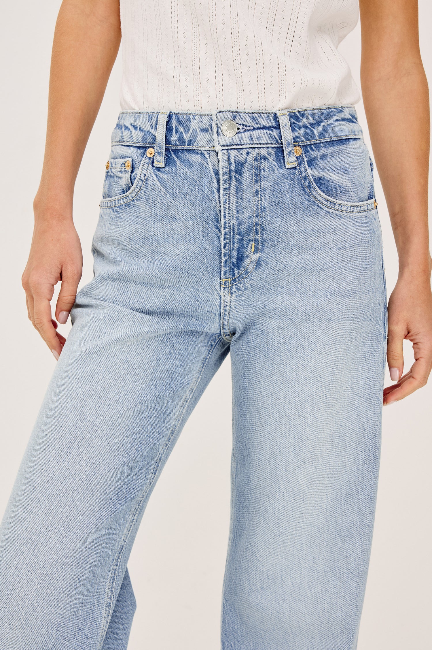 Getty Petite Wide Leg Denim Pants with Belt Loops, Two Front Pockets and Two Back Patch Pockets in Jasper Colorway - Close up View Featured on Model