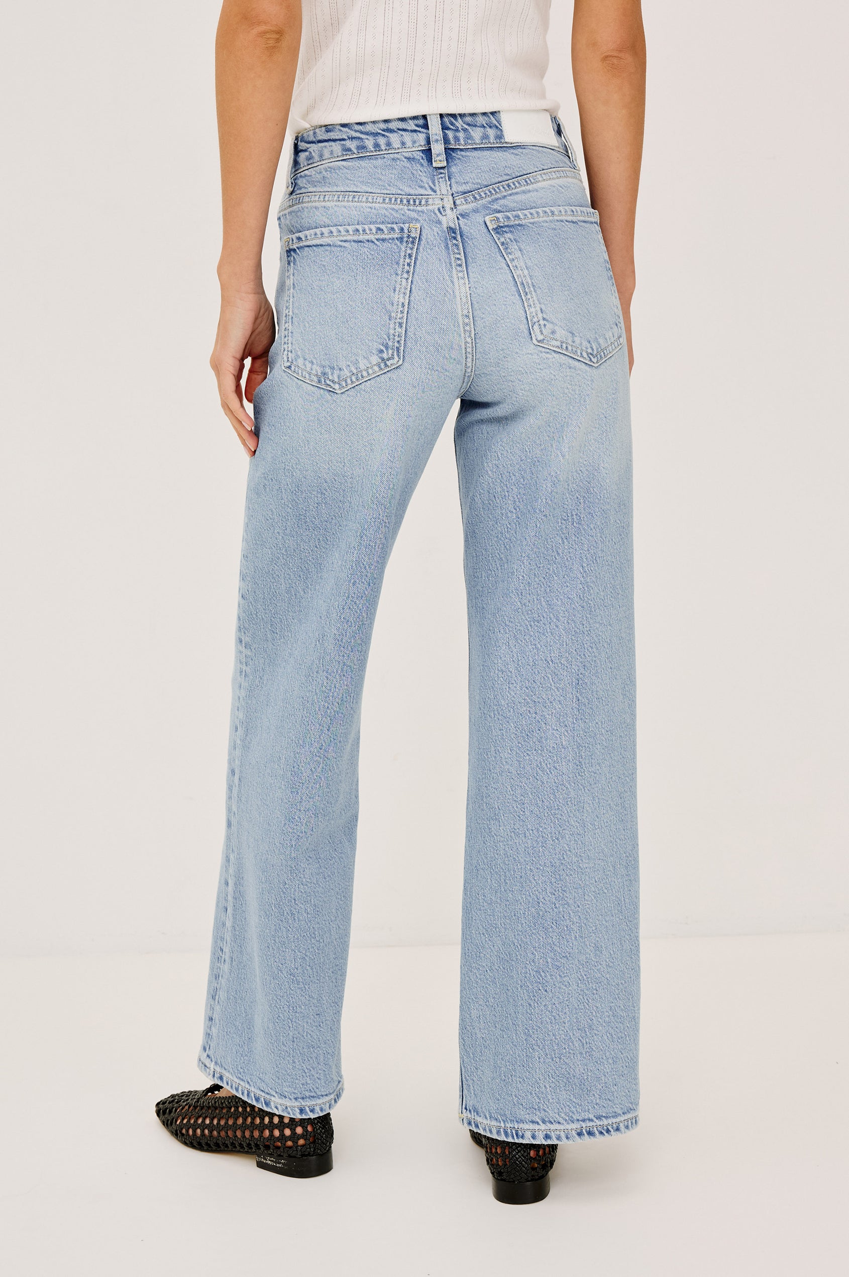 Getty Petite Wide Leg Denim Pants with Belt Loops, Two Front Pockets and Two Back Patch Pockets in Jasper Colorway - Back View Featured on Model