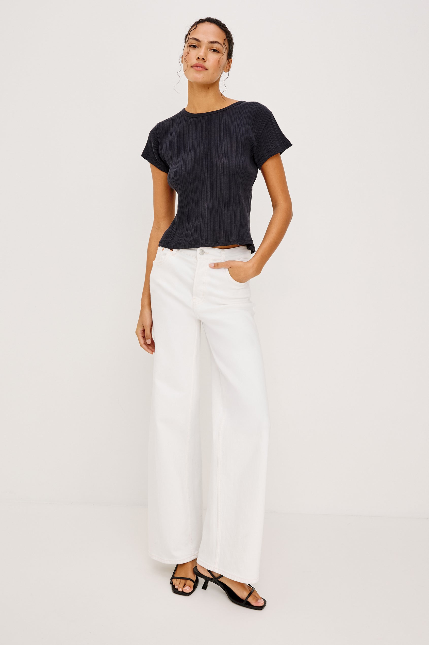 Getty Petite Wide Leg Jean in Light Stretch Denim With High Rise, 5-Pockets, and Button Fly in Vintage Ecru - Full Body Front View Featured on Model