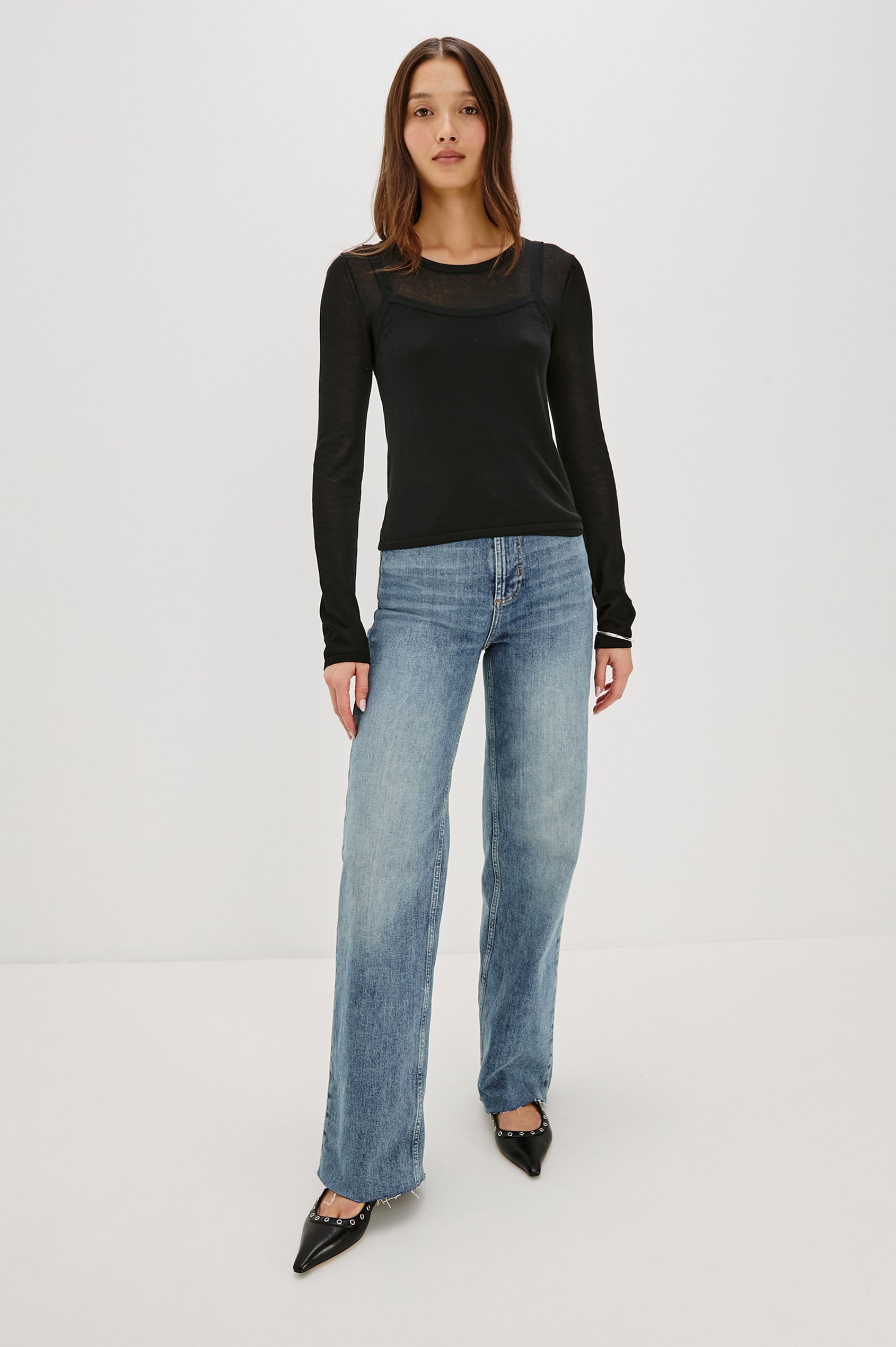 Getty full length 5-pocket wide leg jean in Tradewind colorway, a medium wash. Front full body view featured on model.