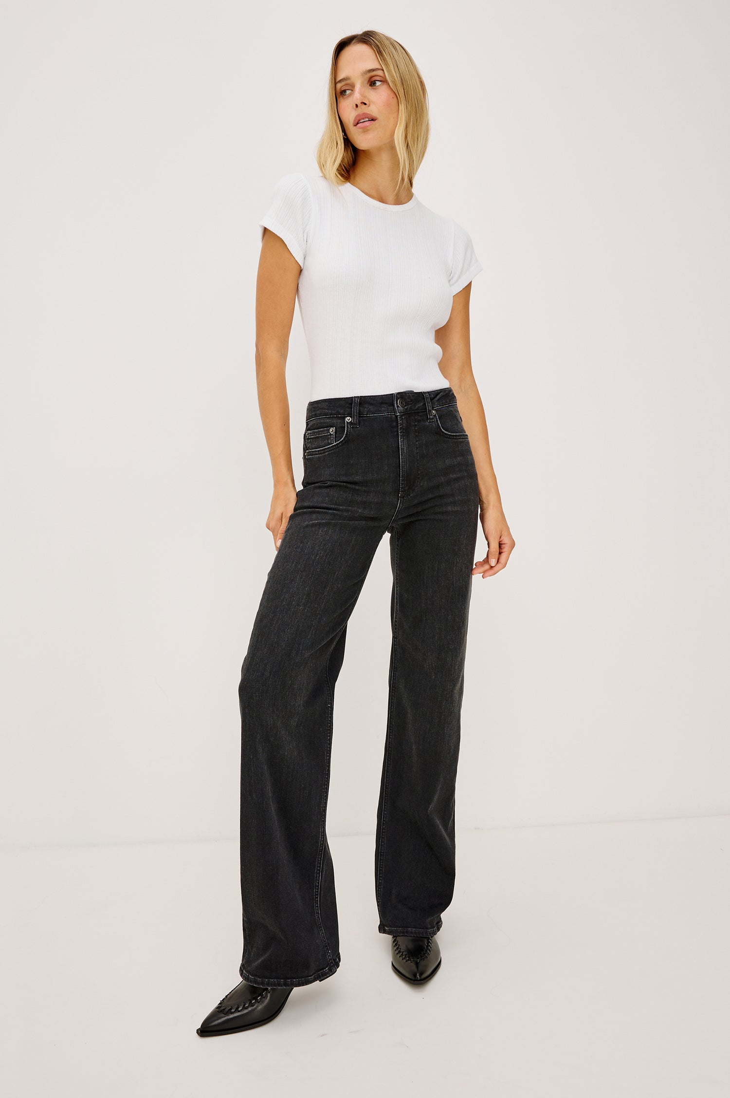 Getty Wide Leg Jean in Light Stretch Denim With 5-Pockets in Vintage Black Colorway - Full Body Front View Featured on Model
