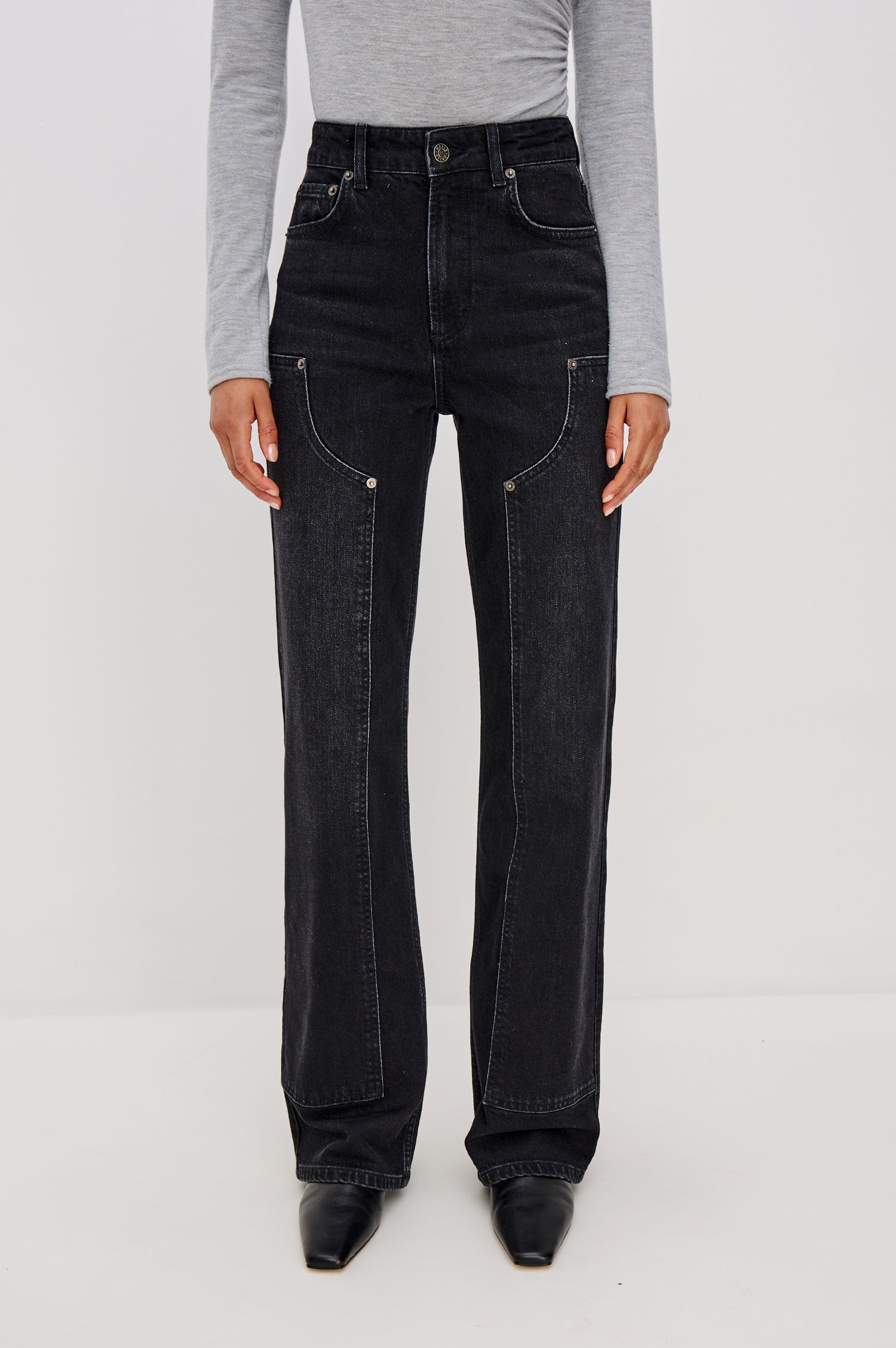 Getty Wide Leg Jean in Denim With High-Rise High-Waisted Fit, Front Button Fly, Carpenter Leg Panels, and 5-Pocket Styling in Onyx Colorway - Lower Body Front View Featured on Model