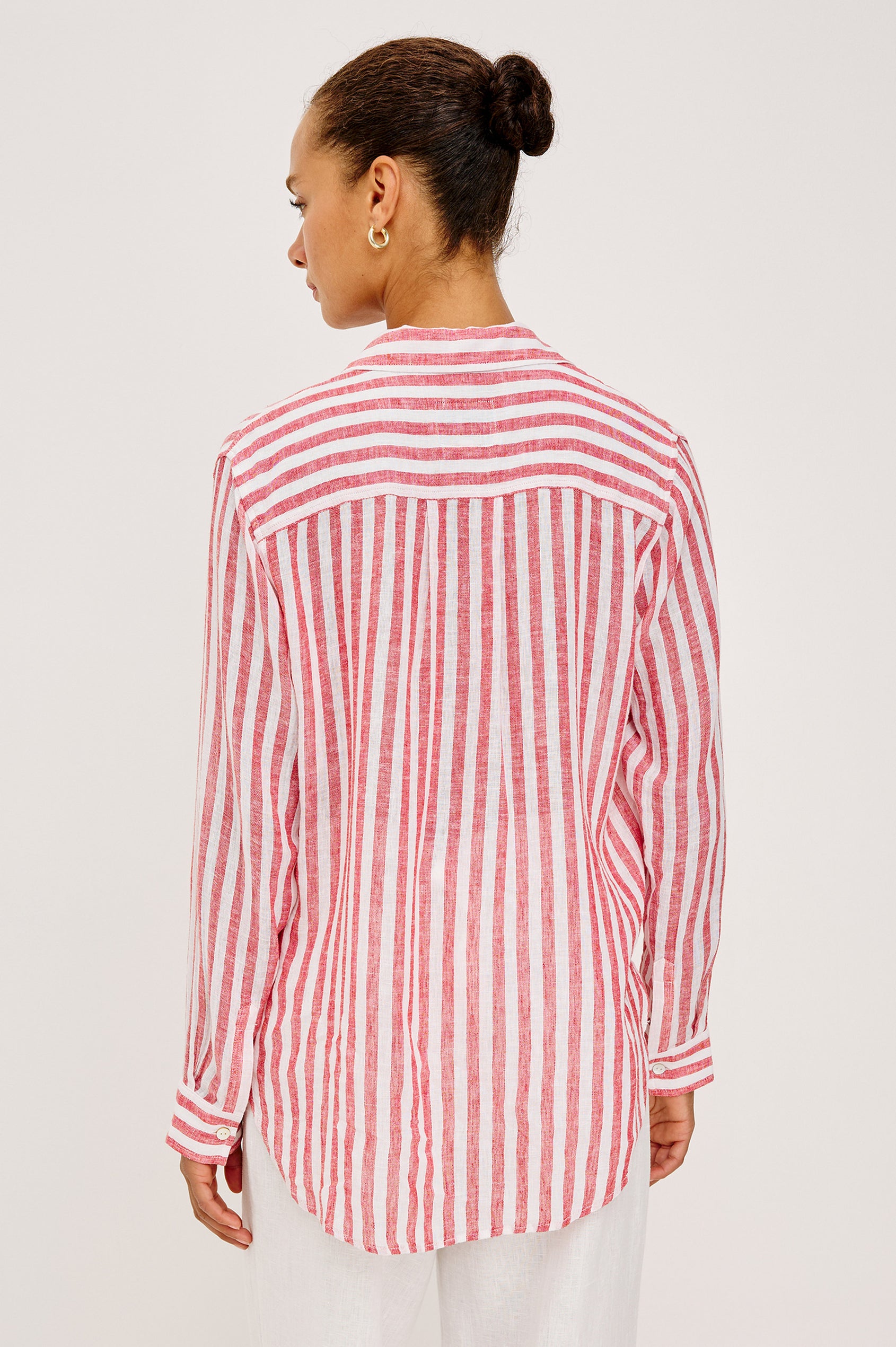 Giada Shirt in Linen Blend With Relaxed Fit, Collar, Front Buttons, and Long Sleeves in Ravello Stripe Colorway - Upper Body Back View Featured on Model