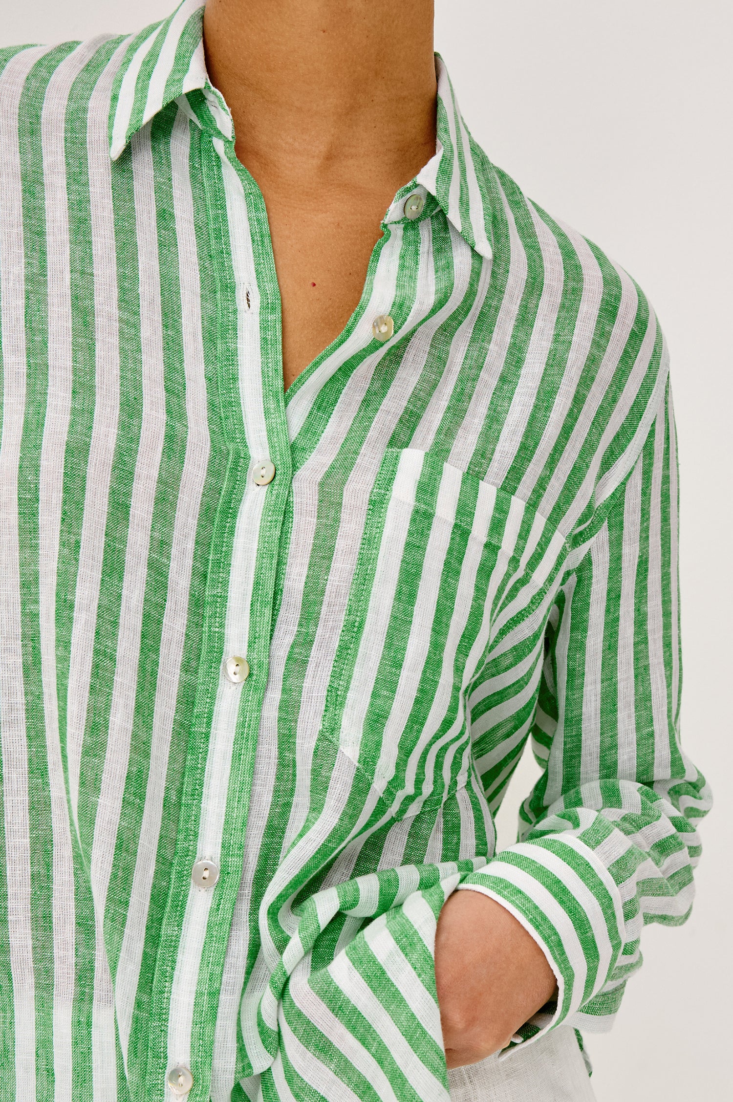 Giada Shirt in Linen Blend With Relaxed Fit, Collar, Front Buttons, and Long Sleeves in Trevi Stripe Colorway - Upper Body Front View Featured on Model