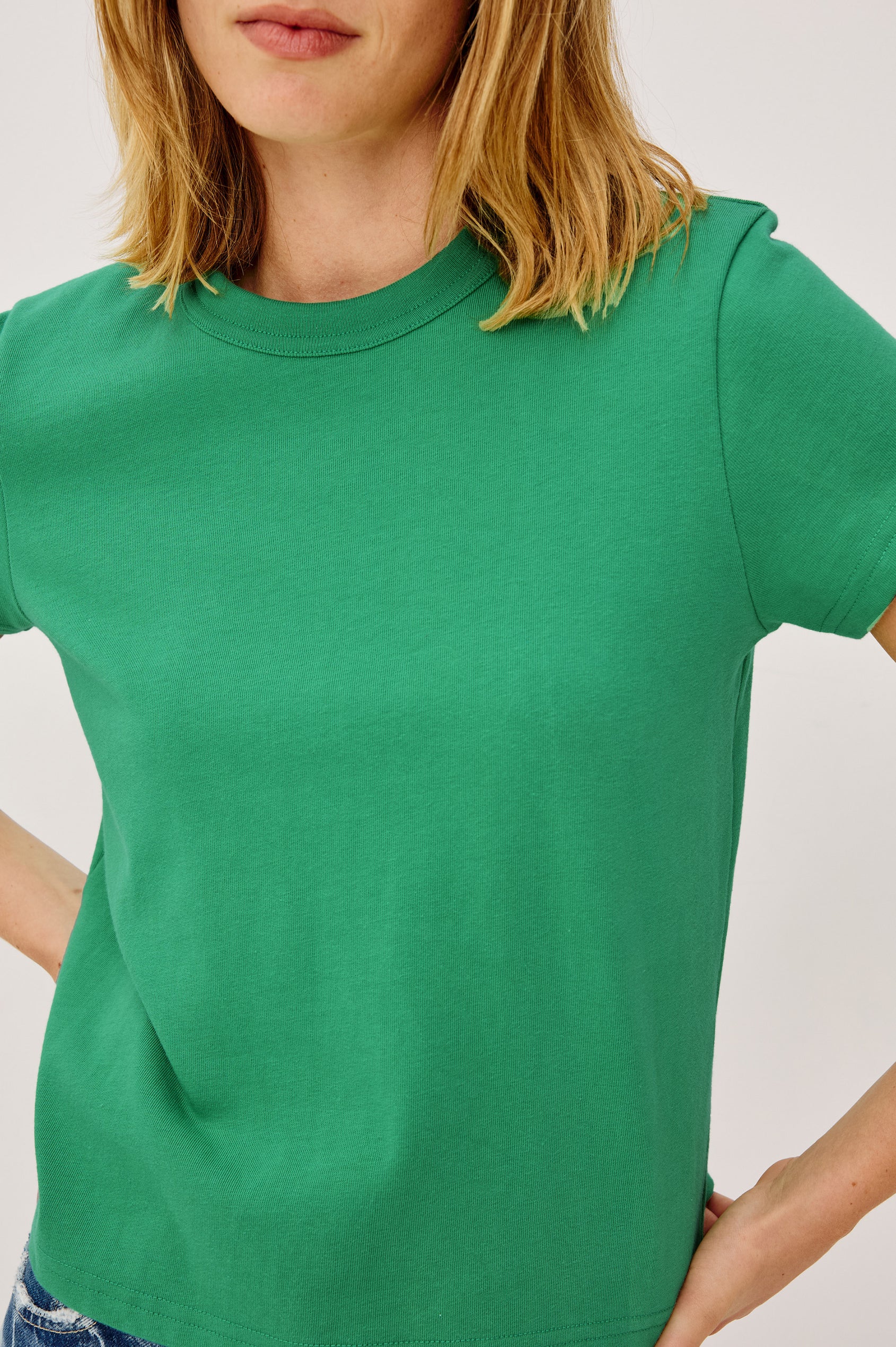 Girlfriend T-Shirt in 100% Cotton With Slightly Boxy Cropped Fit, Crew Neckline, and Short Sleeves in Clover Colorway - Upper Body Front View Featured on Model
