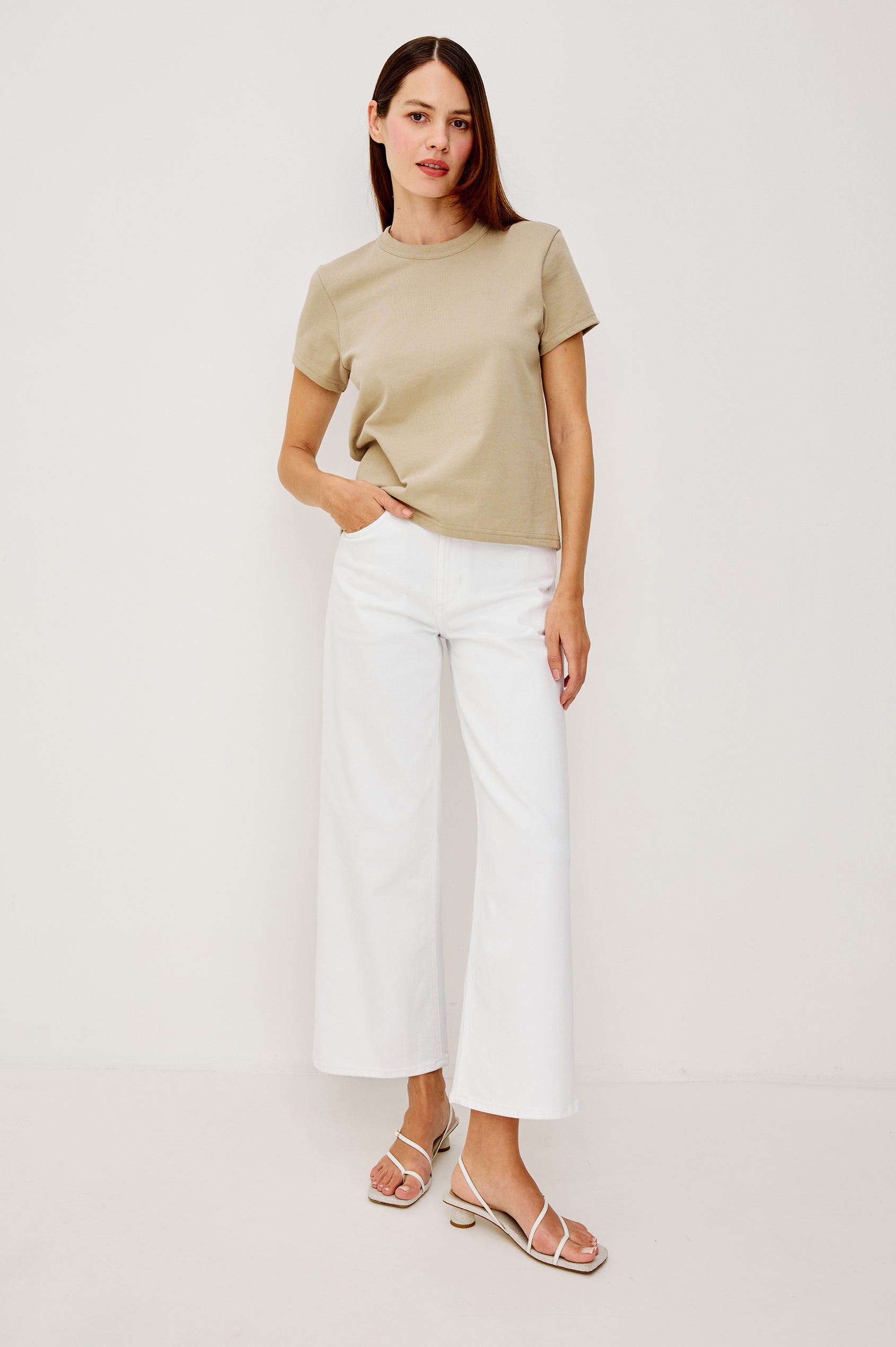 Girlfriend Pleated Jersey Tee With Crew Neckline Short Sleeves and Relaxed Slightly-Boxy Fit in Dune Colorway - Upper Body View Featured on Model