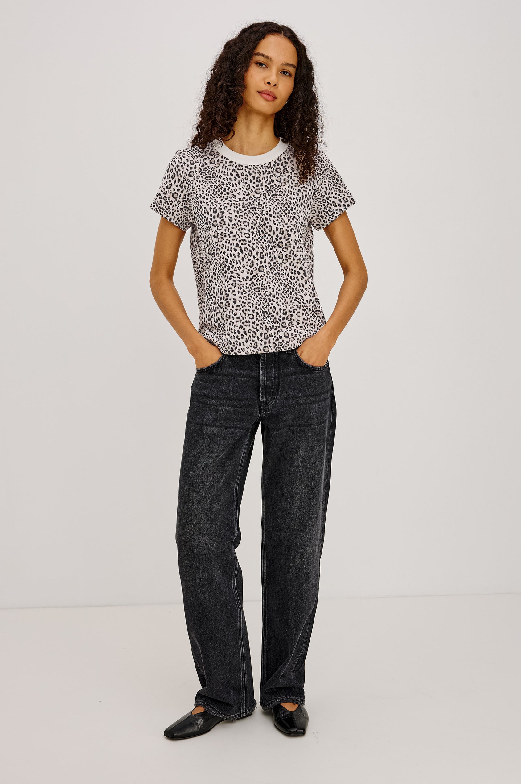 Girlfriend T-Shirt in Midweight Cotton With Slightly Cropped Boxy Fit, Crew Neck, and Short Sleeves in Ecru Cheetah Colorway - Full Body Front View Featured on Model