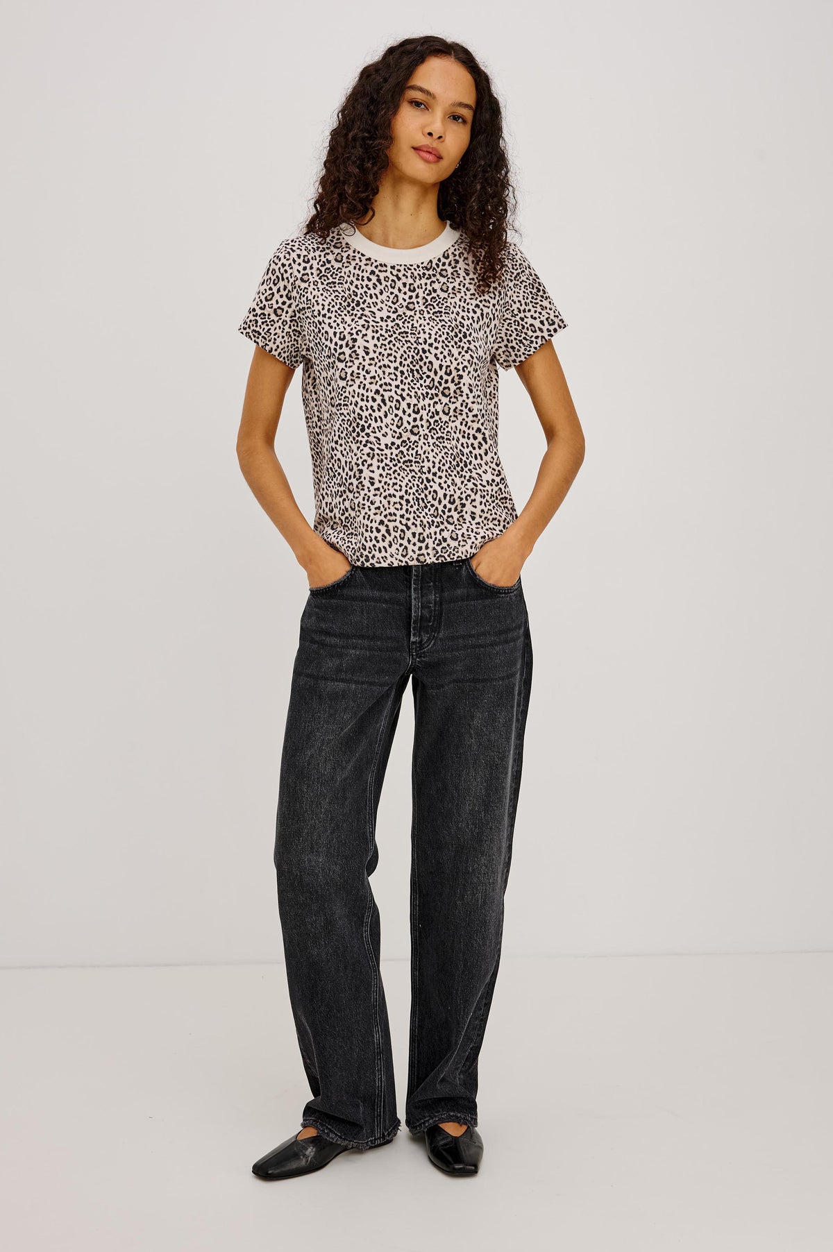 Girlfriend T-Shirt in Midweight Cotton With Slightly Cropped Boxy Fit, Crew Neck, and Short Sleeves in Ecru Cheetah Colorway - Full Body Front View Featured on Model