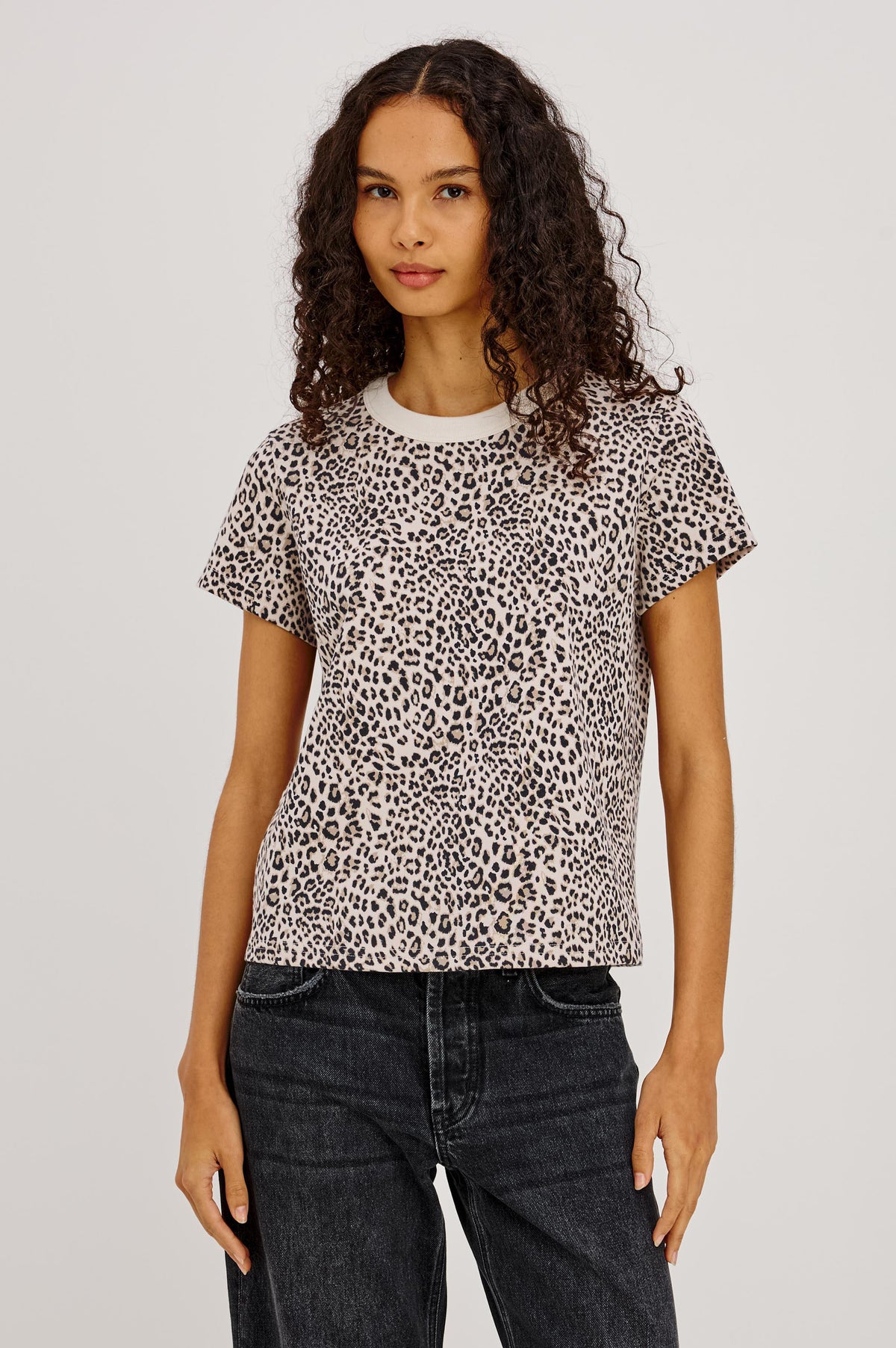 Girlfriend T-Shirt in Midweight Cotton With Slightly Cropped Boxy Fit, Crew Neck, and Short Sleeves in Ecru Cheetah Colorway - Upper Body Front View Featured on Model