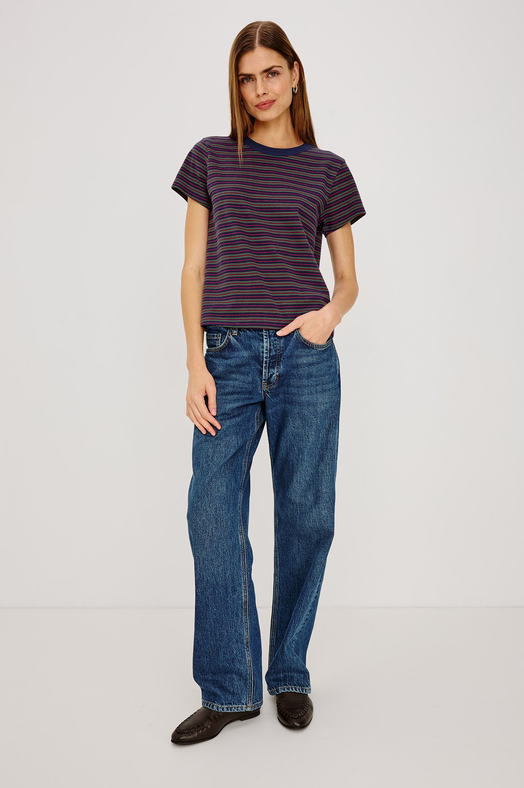 Girlfriend T-Shirt in Midweight Cotton With Slightly Cropped Boxy Fit, Crew Neck, and Short Sleeves in Maroon Navy Stripe Colorway - Full Body Front View Featured on Model