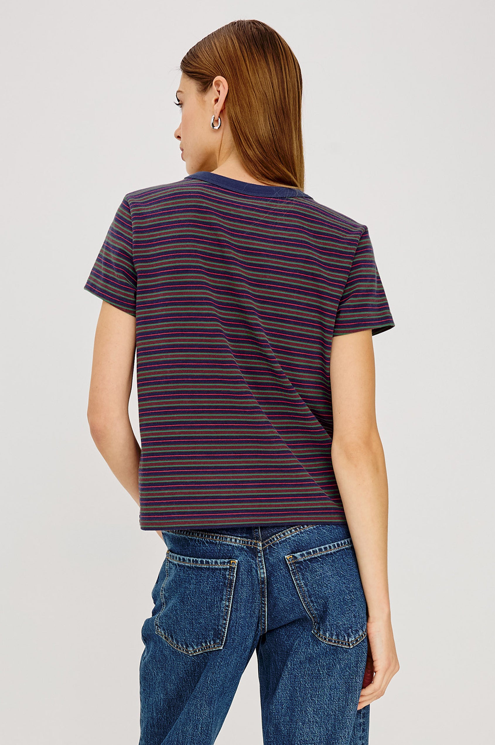 Girlfriend T-Shirt in Midweight Cotton With Slightly Cropped Boxy Fit, Crew Neck, and Short Sleeves in Maroon Navy Stripe Colorway - Upper Body Back View Featured on Model