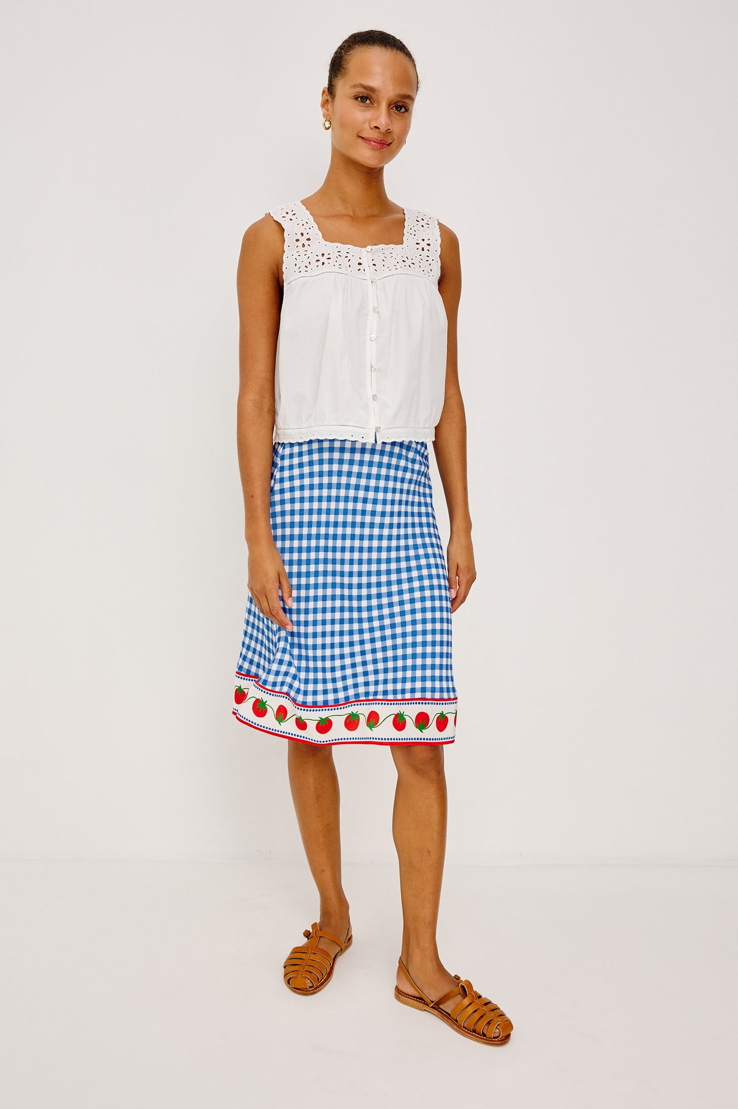 Grazia High-Waisted Midi Skirt in Gingham Tomatoes Colorway - Full Body Front View Featured on Model