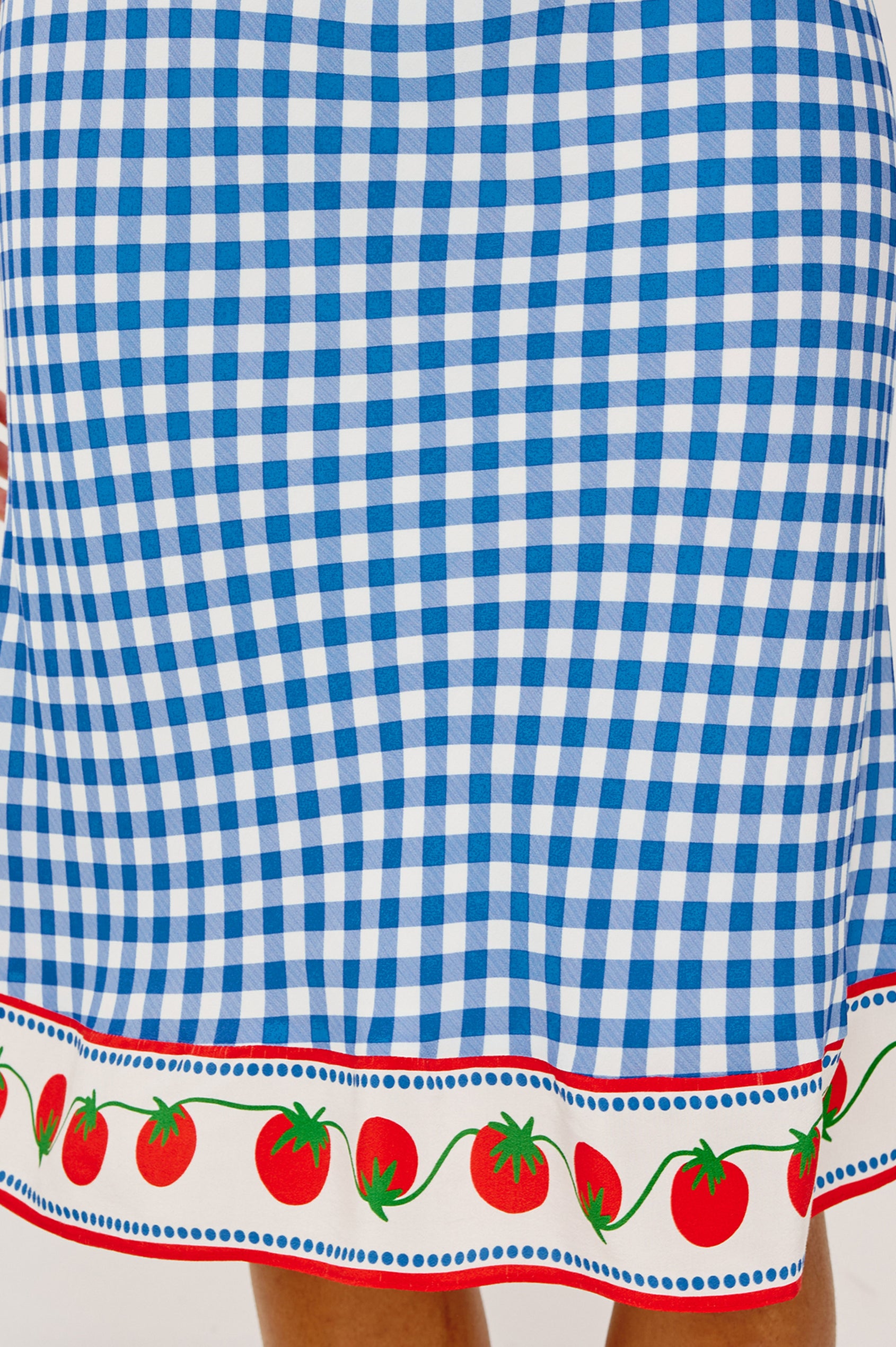 Grazia High-Waisted Midi Skirt in Gingham Tomatoes Colorway - Detail View Featured on Model
