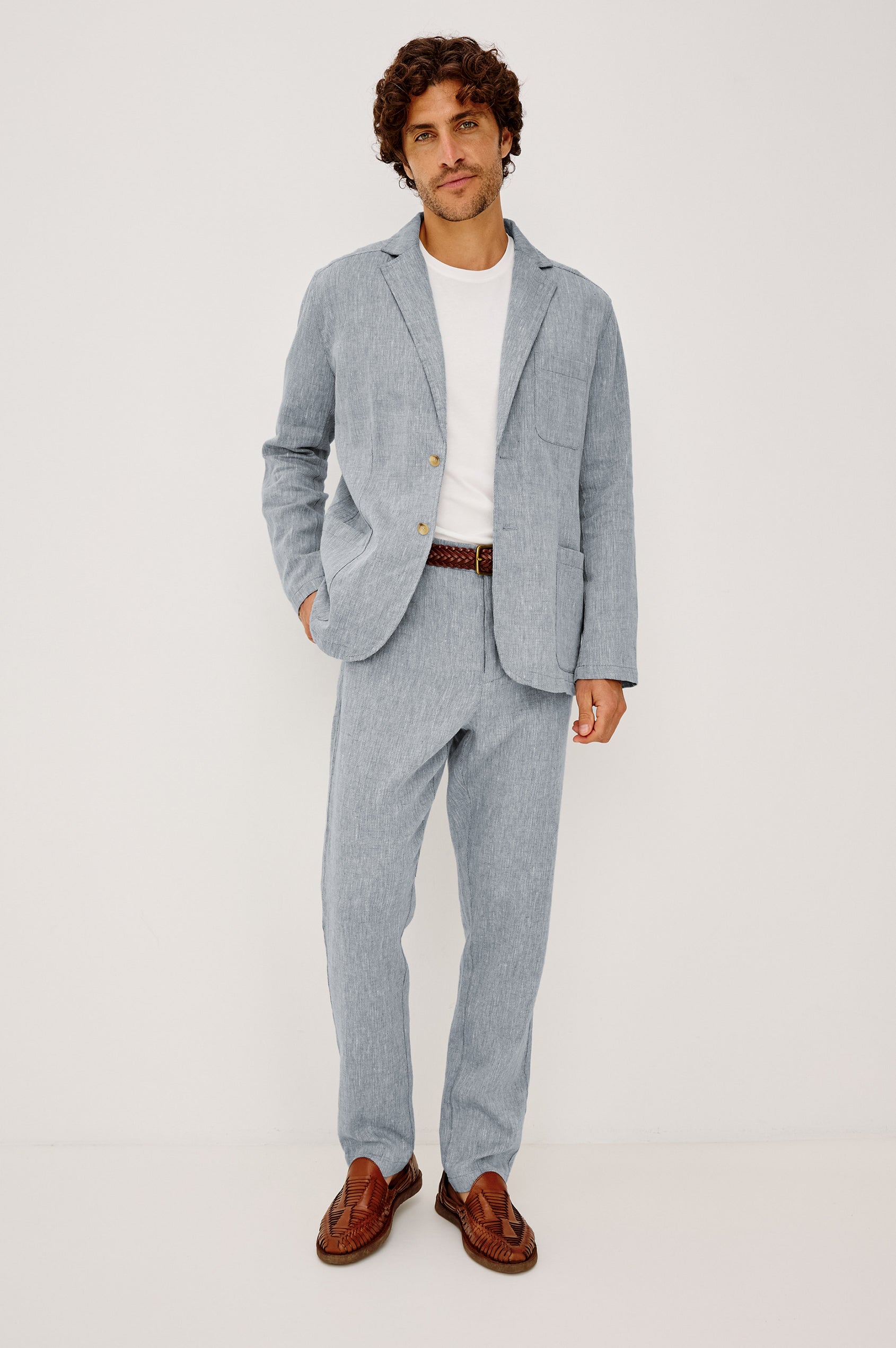 Harris Blazer in Cotton-Linen Blend With Single-Breasted Buttons, Straight Fit, Notched Lapels, and Front Patch Pockets in Bicoastal Blue Colorway - Full Body Front View Featured on Model