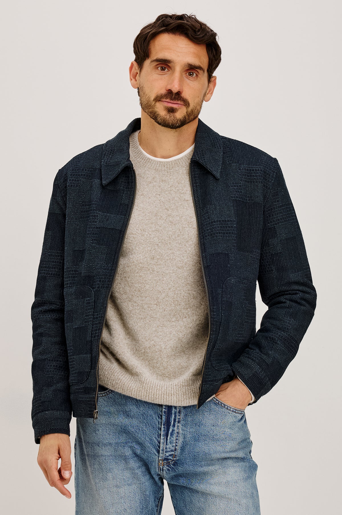 Hawthorne Jacket in Patchwork Textured Knit With Front Zip Closure, Point Collar, and Long Sleeves in Shadow Eve Colorway - Upper Body Front View Featured on Model.