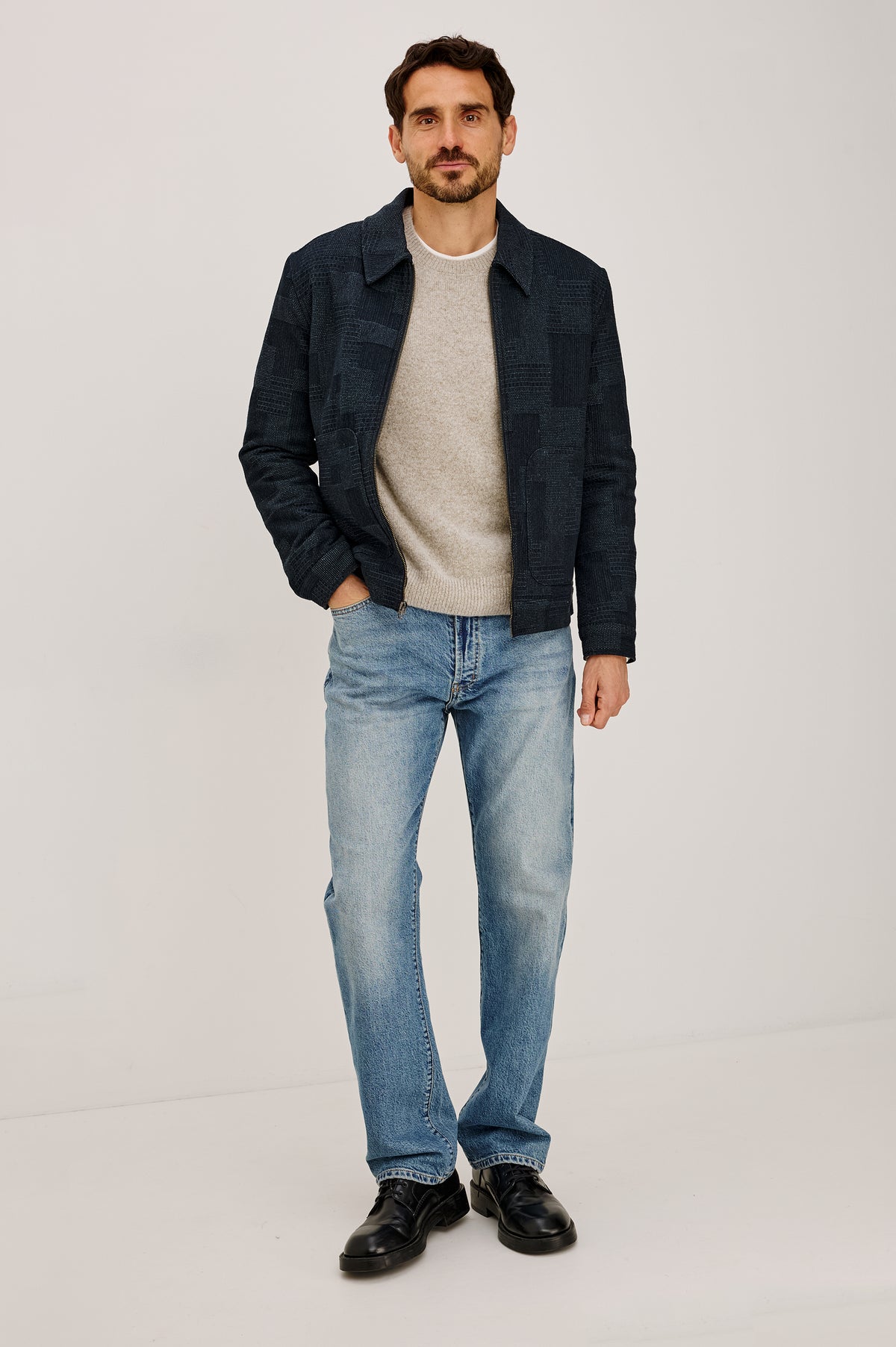Hawthorne Jacket in Patchwork Textured Knit With Front Zip Closure, Point Collar, and Long Sleeves in Shadow Eve Colorway - Full Body Front View Featured on Model.