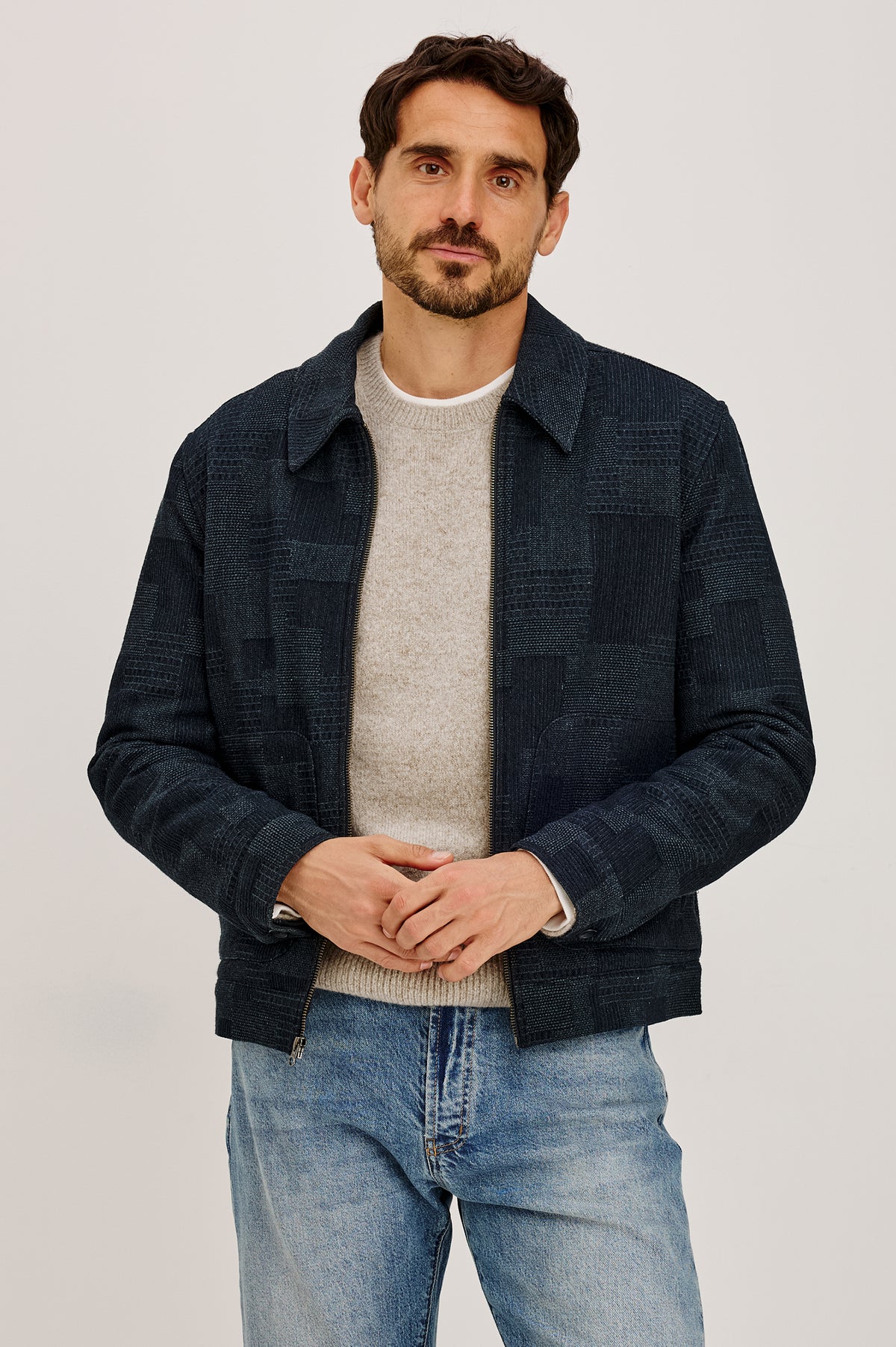 Hawthorne Jacket in Patchwork Textured Knit With Front Zip Closure, Point Collar, and Long Sleeves in Shadow Eve Colorway - Front View Featured on Model.