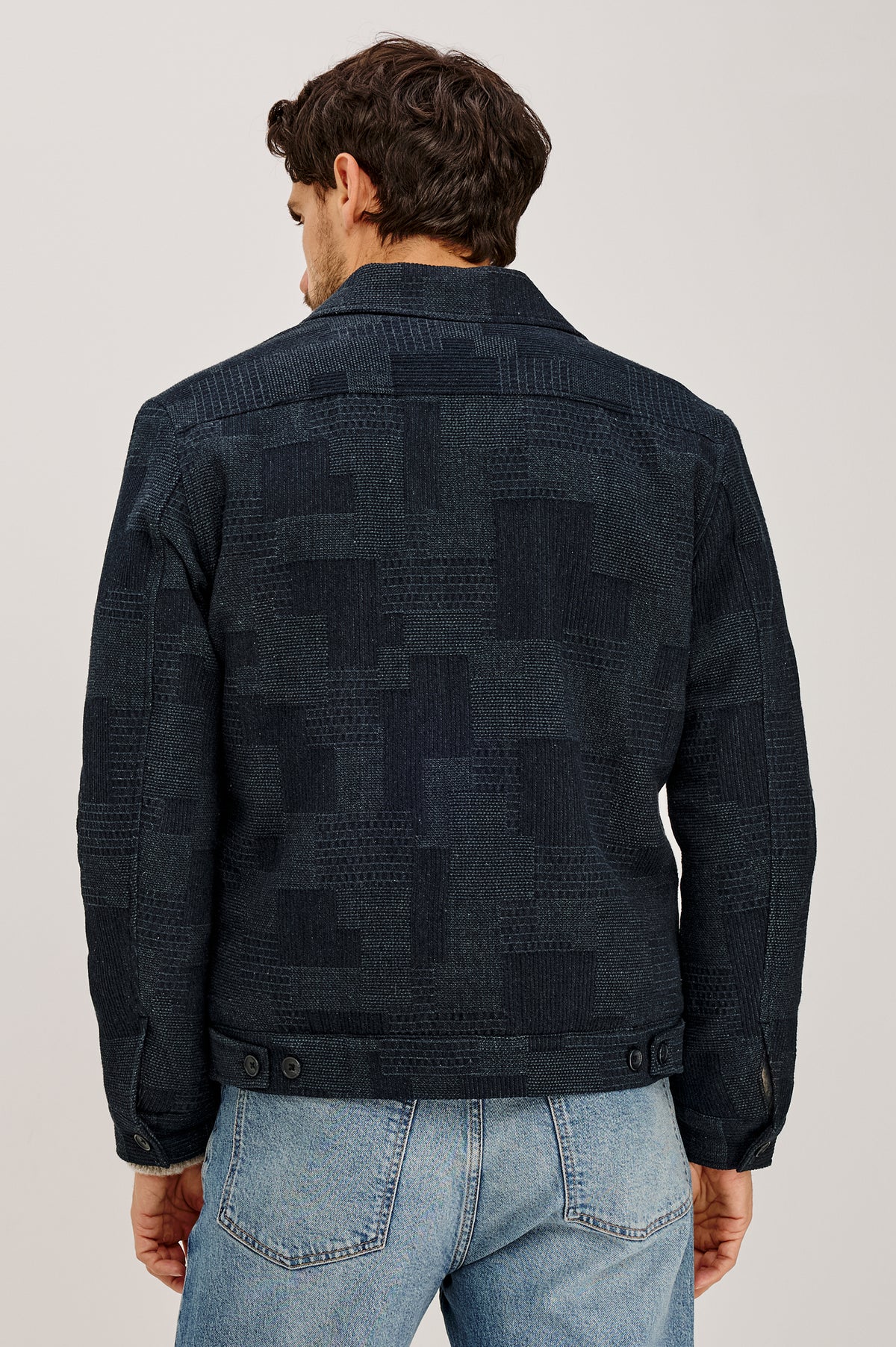 Hawthorne Jacket in Patchwork Textured Knit With Front Zip Closure, Point Collar, and Long Sleeves in Shadow Eve Colorway - Upper Body Back View Featured on Model.