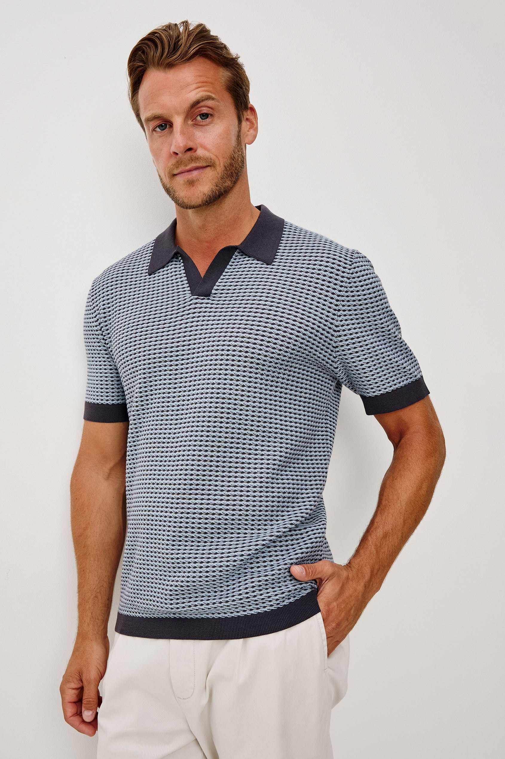 Hayden Polo Shirt in Lightweight Cotton With Split V-Neck Collar, Short Sleeves, and Classic Fit in Blue Lagoon Ripple Colorway - Upper Body Front View Featured on Model