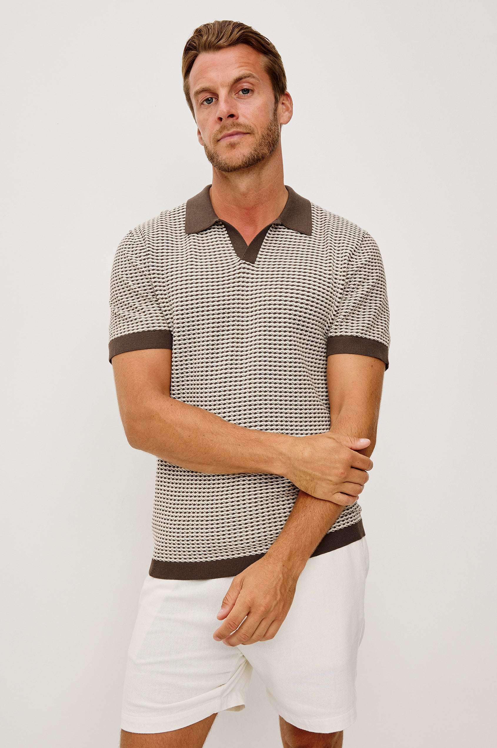 Hayden Polo Shirt in Lightweight Cotton With Split V-Neck Collar, Short Sleeves, and Classic Fit in Oat Ripple Colorway - Upper Body Front View Featured on Model