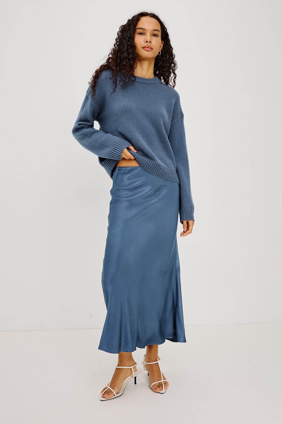 Helly Sweater in Wool-Cashmere Blend With Crew Neckline, Relaxed Boxy Slightly Cropped Fit, Long Sleeves, and Ribbed Trim in Atlantic Colorway - Full Body Front View Featured on Model
