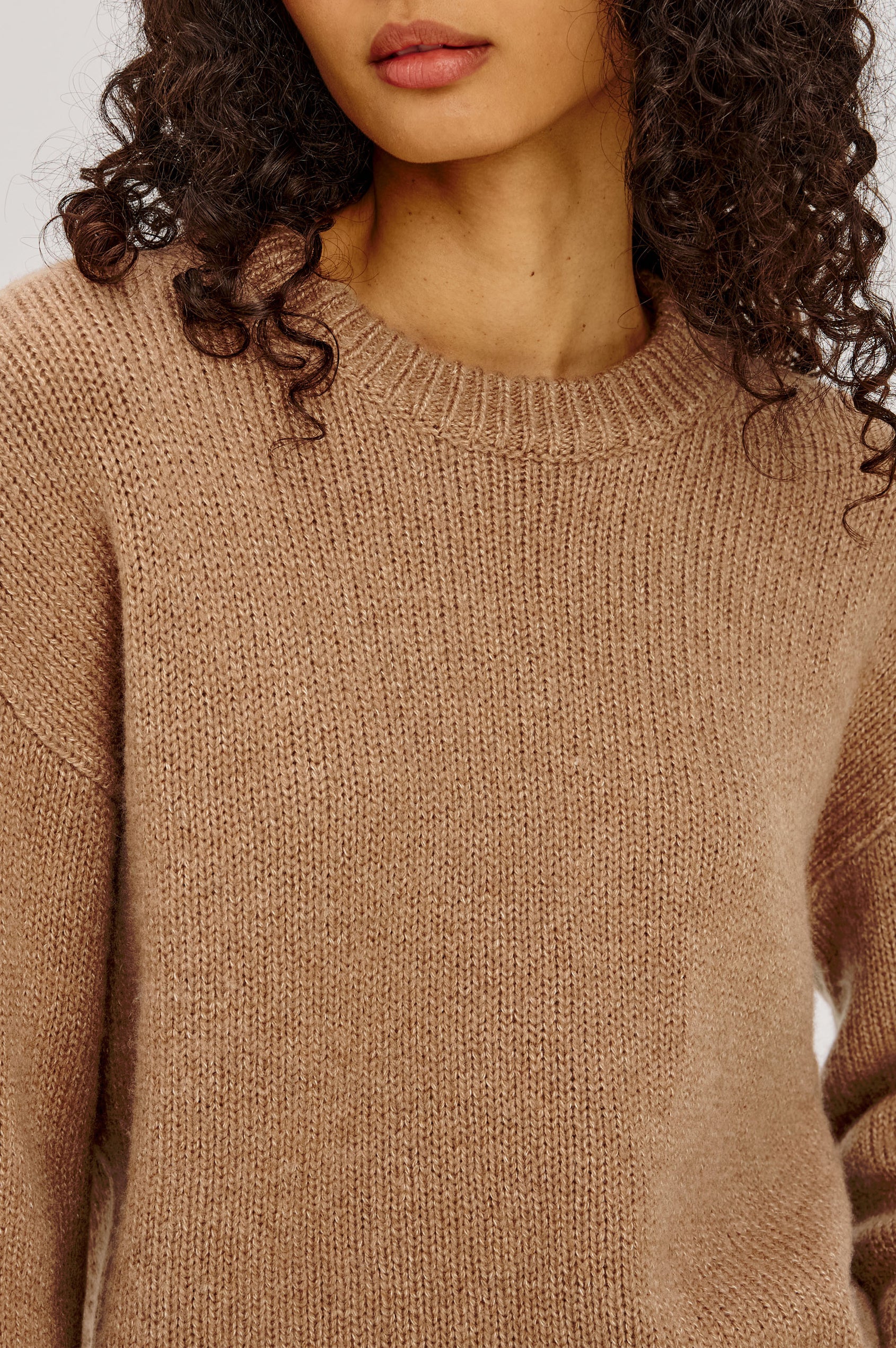 Helly Sweater in Wool-Cashmere Blend With Crew Neckline, Relaxed Boxy Slightly Cropped Fit, Long Sleeves, and Ribbed Trim in Heather Camel Colorway - Upper Body Front View Featured on Model