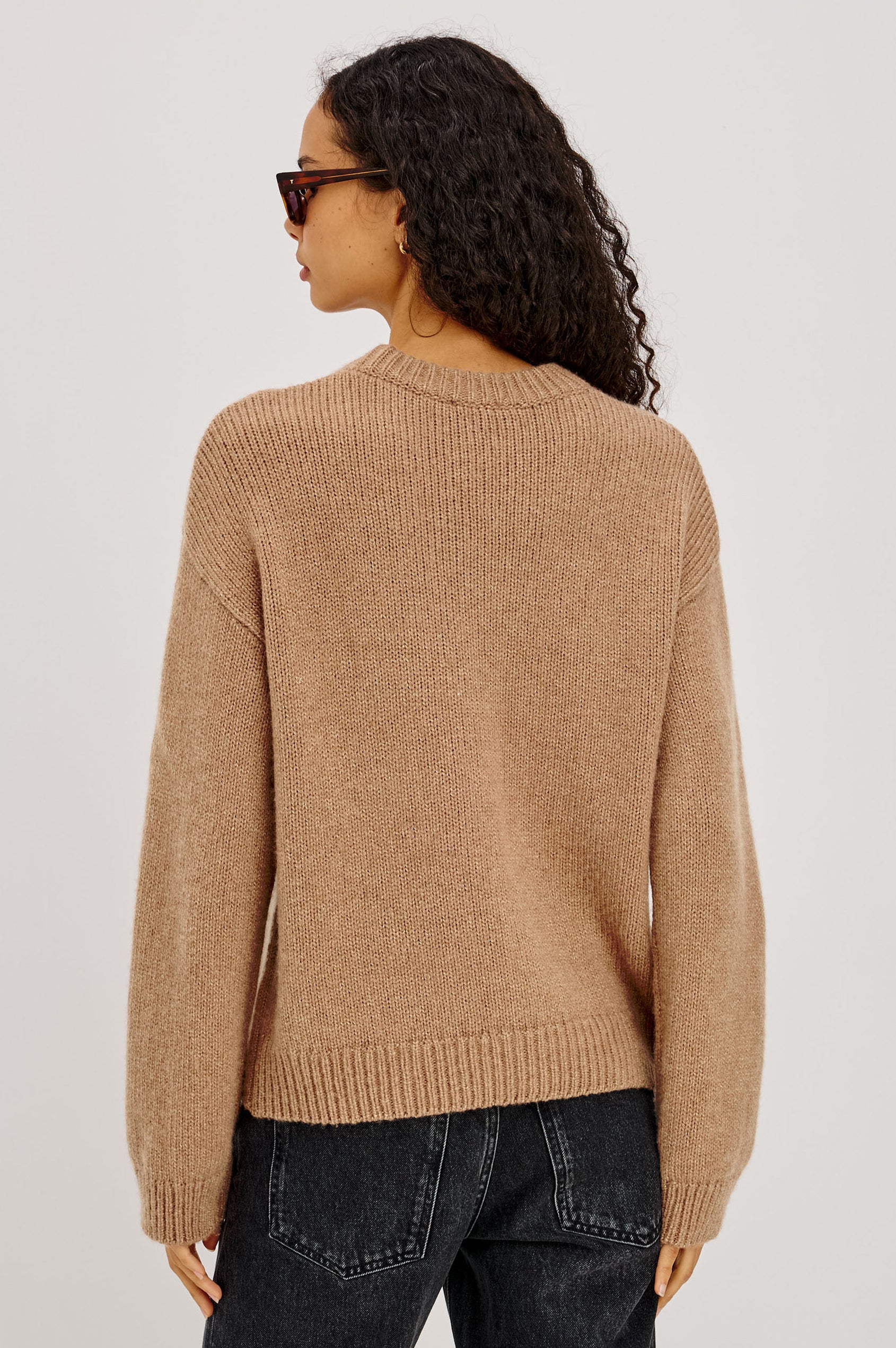 Helly Sweater in Wool-Cashmere Blend With Crew Neckline, Relaxed Boxy Slightly Cropped Fit, Long Sleeves, and Ribbed Trim in Heather Camel Colorway - Upper Body Back View Featured on Model