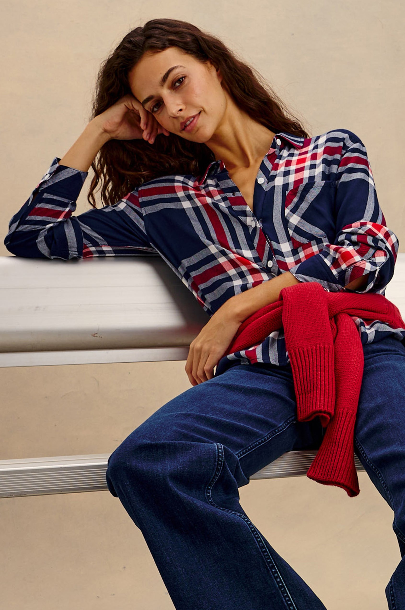 Hunter Plaid Button-Up Shirt in Signature Soft Rayon With Cashmere-Like Feel, Collar, Chest Patch Pocket, and Long Sleeves in Breakaway Blue Colorway - Upper Body Front View Featured on Model