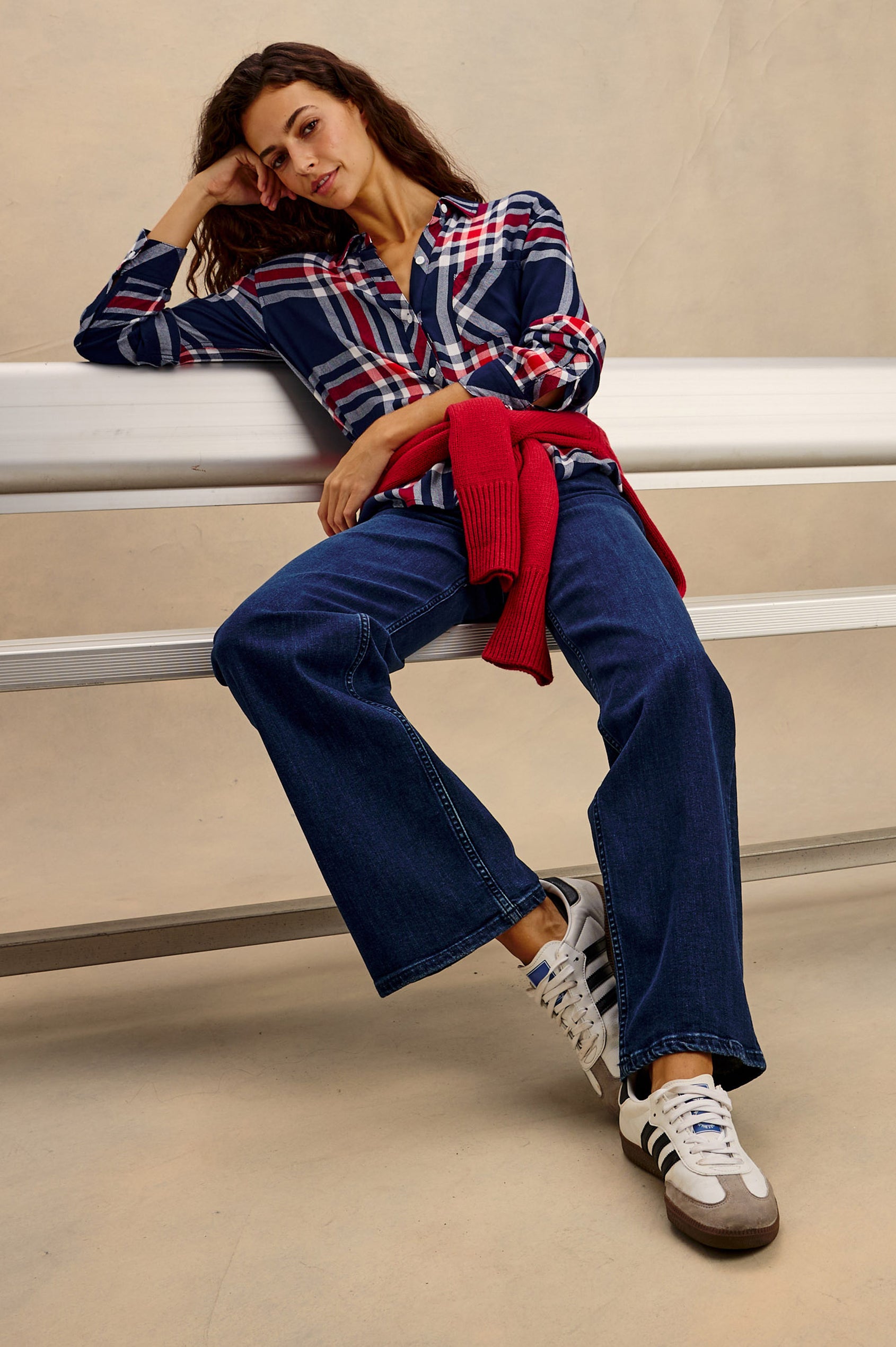 Hunter Plaid Button-Up Shirt in Signature Soft Rayon With Cashmere-Like Feel, Collar, Chest Patch Pocket, and Long Sleeves in Breakaway Blue Colorway - Upper Body Front View Featured on Model