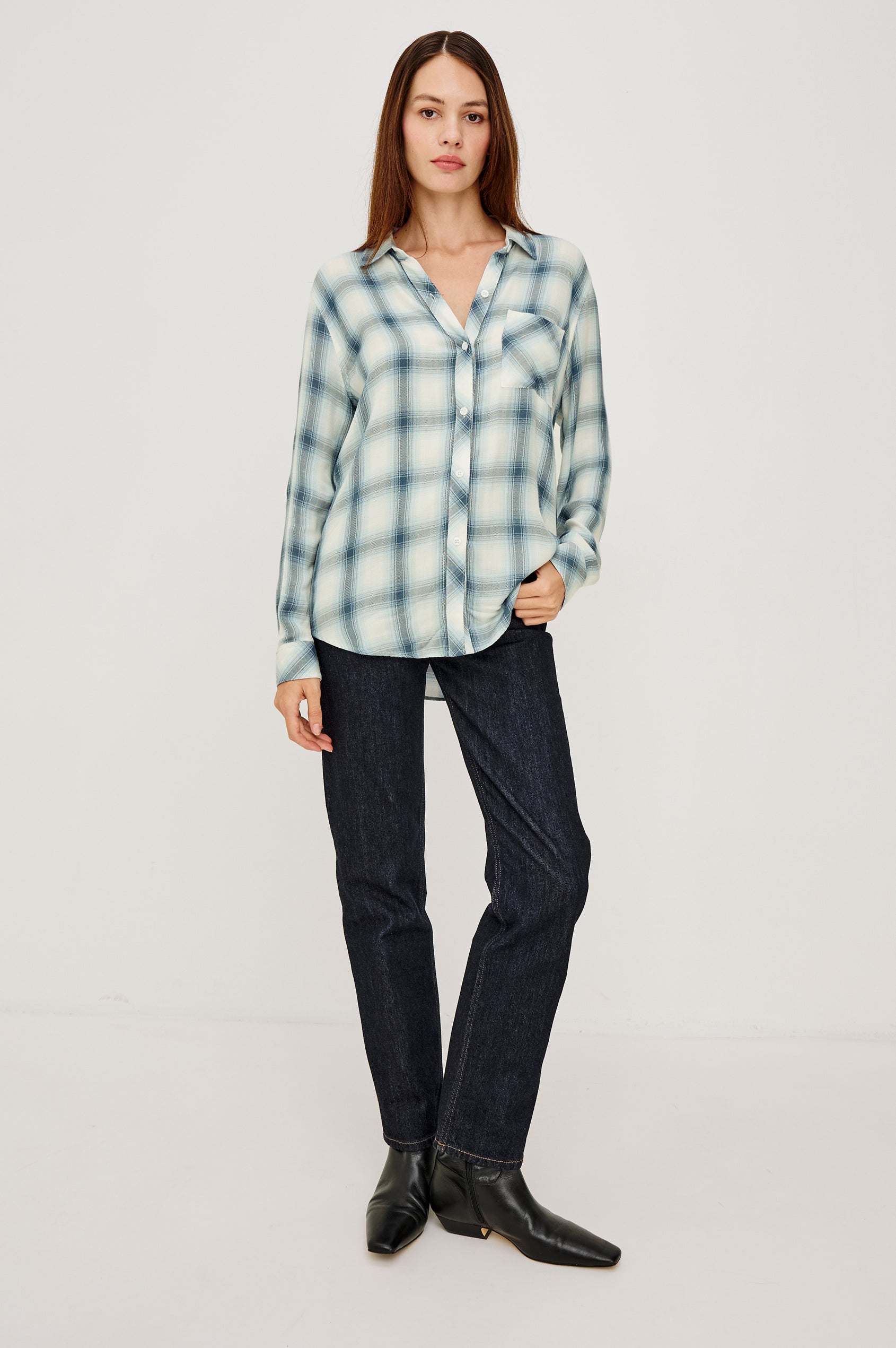 Hunter Button-Up Shirt in Signature Rayon With Collar, Front Buttons, Chest Patch Pocket, and Long Sleeves in Bluebell Ivory Plaid Colorway - Full Body Front View Featured on Model