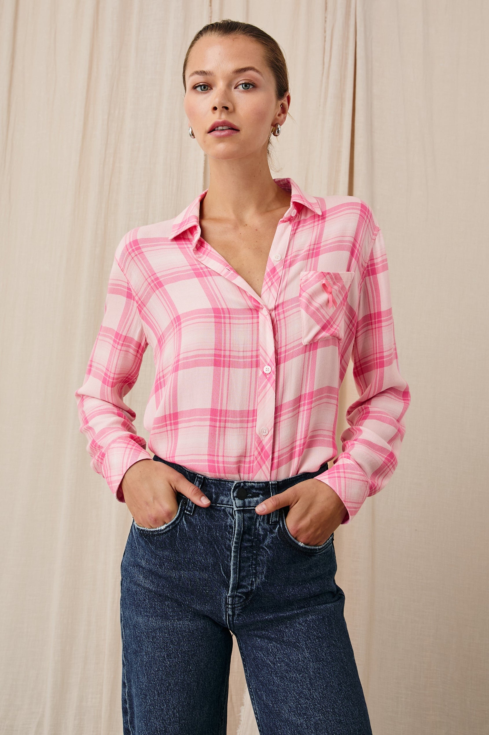 Hunter Long-Sleeve Button Up with a Chest Patch Pocket with pink ribbon in Brave Pink Colorway, Pink and White plaid - Front Tucked View Featured on Model