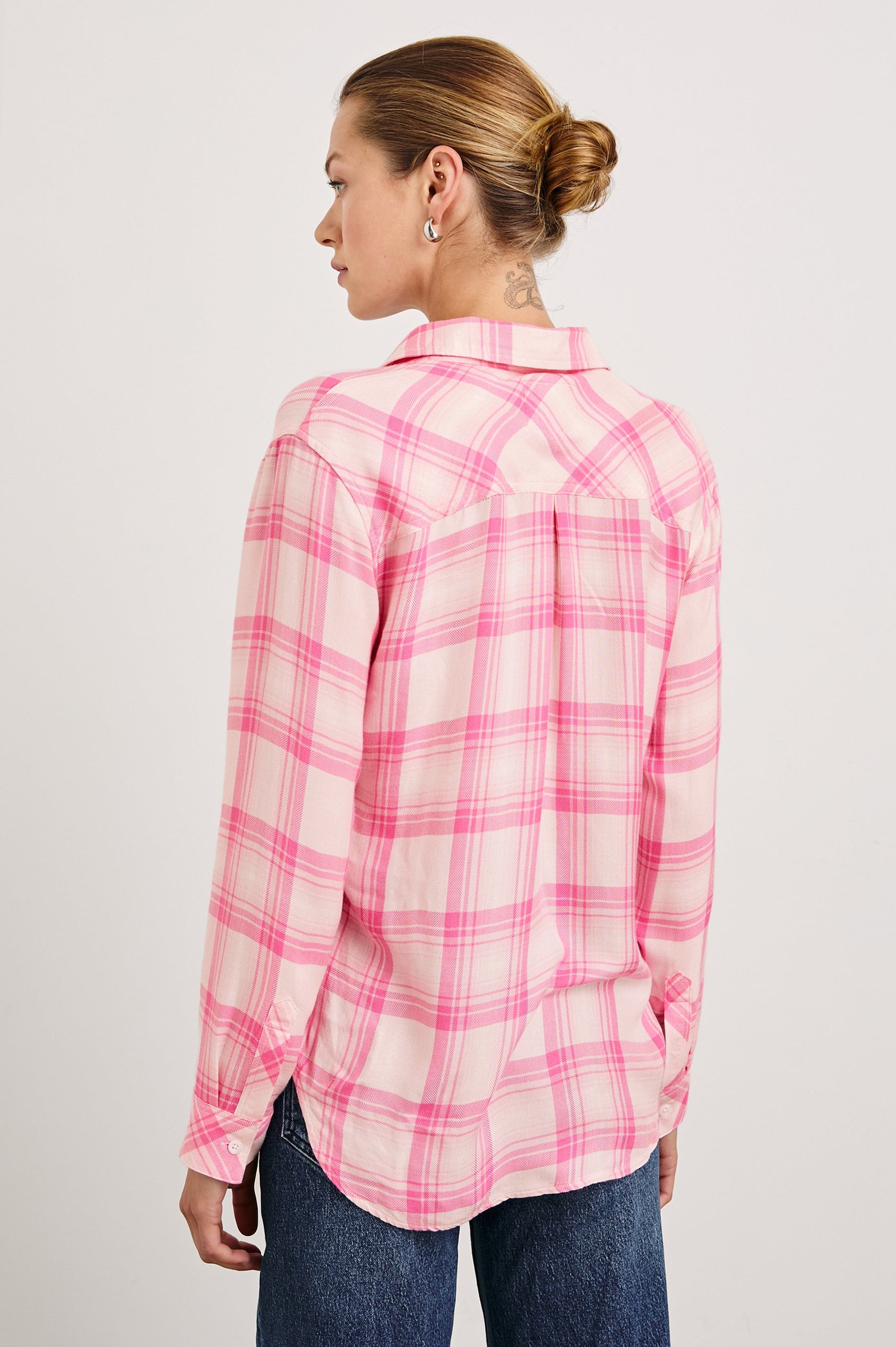 Hunter Long-Sleeve Button Up with a Chest Patch Pocket with pink ribbon in Brave Pink Colorway, Pink and White plaid - Back View Featured on Model