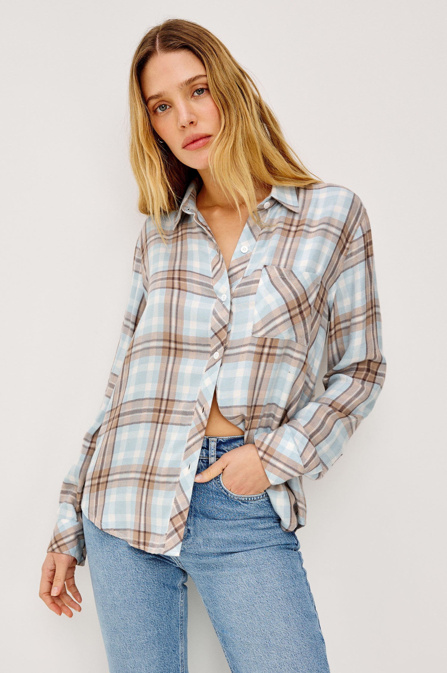 Hunter Button-Up Shirt in Signature Rayon With Collar, Front Buttons, Chest Patch Pocket, and Long Sleeves in Chambray Ivory Dune Colorway - Upper Body Front View Featured on Model