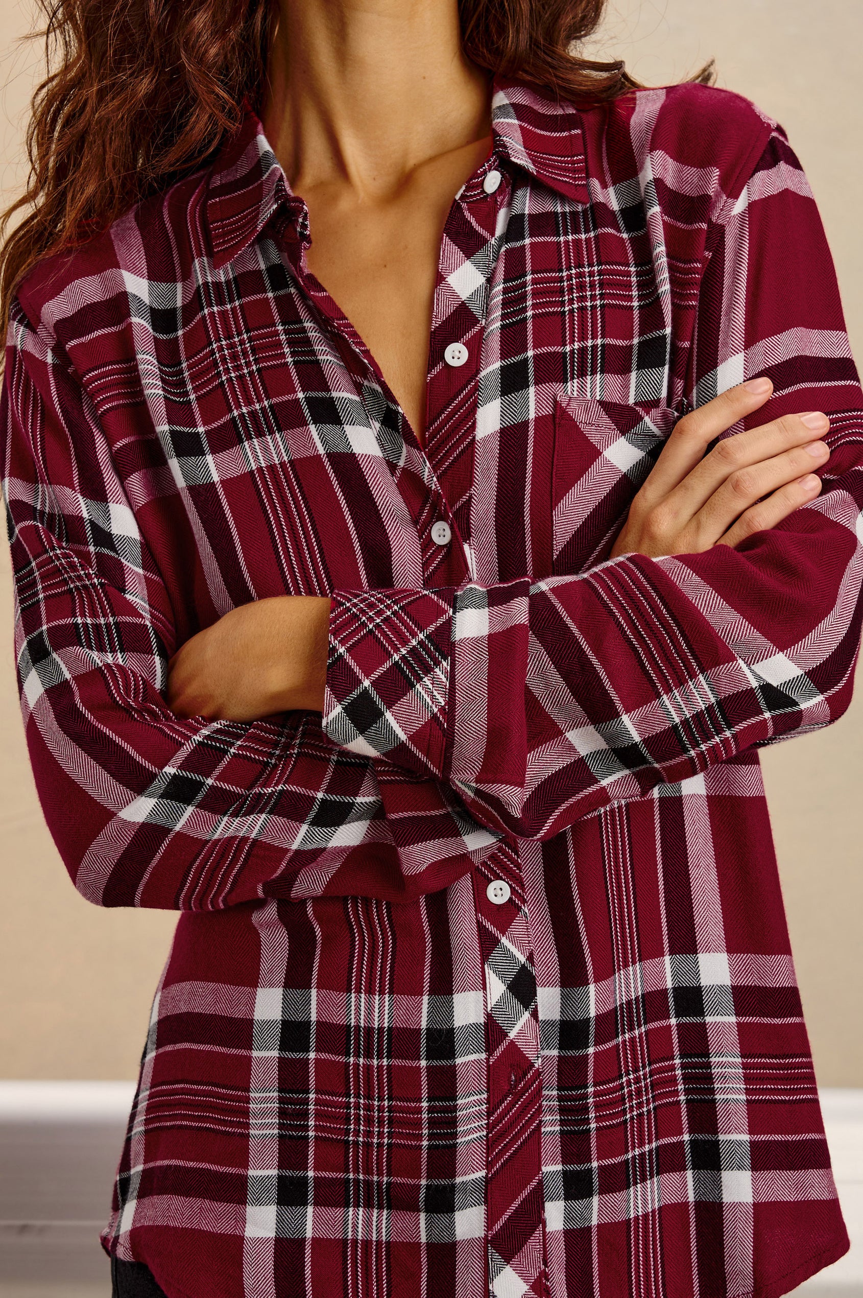 Hunter Plaid Button-Up Shirt in Signature Soft Rayon With Cashmere-Like Feel, Collar, Chest Patch Pocket, and Long Sleeves in Champion Crimson Colorway - Upper Body Front Close Up View Featured on Model