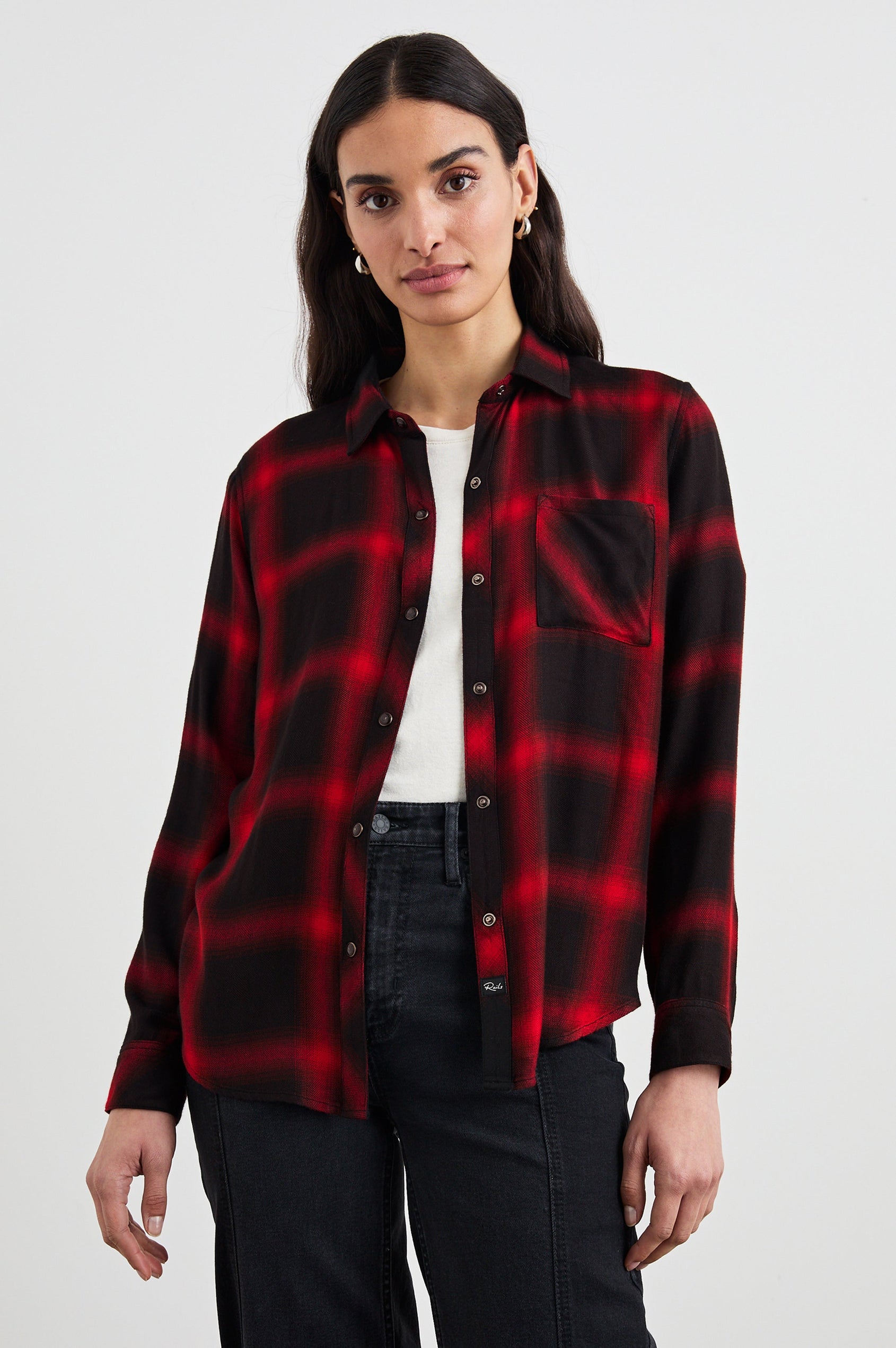 Hunter Long-Sleeve Button Up with snaps and a Chest Patch Pocket in Diffused Cardinal Black Colorway, plaid  - Front Unbuttoned View Featured on Model
