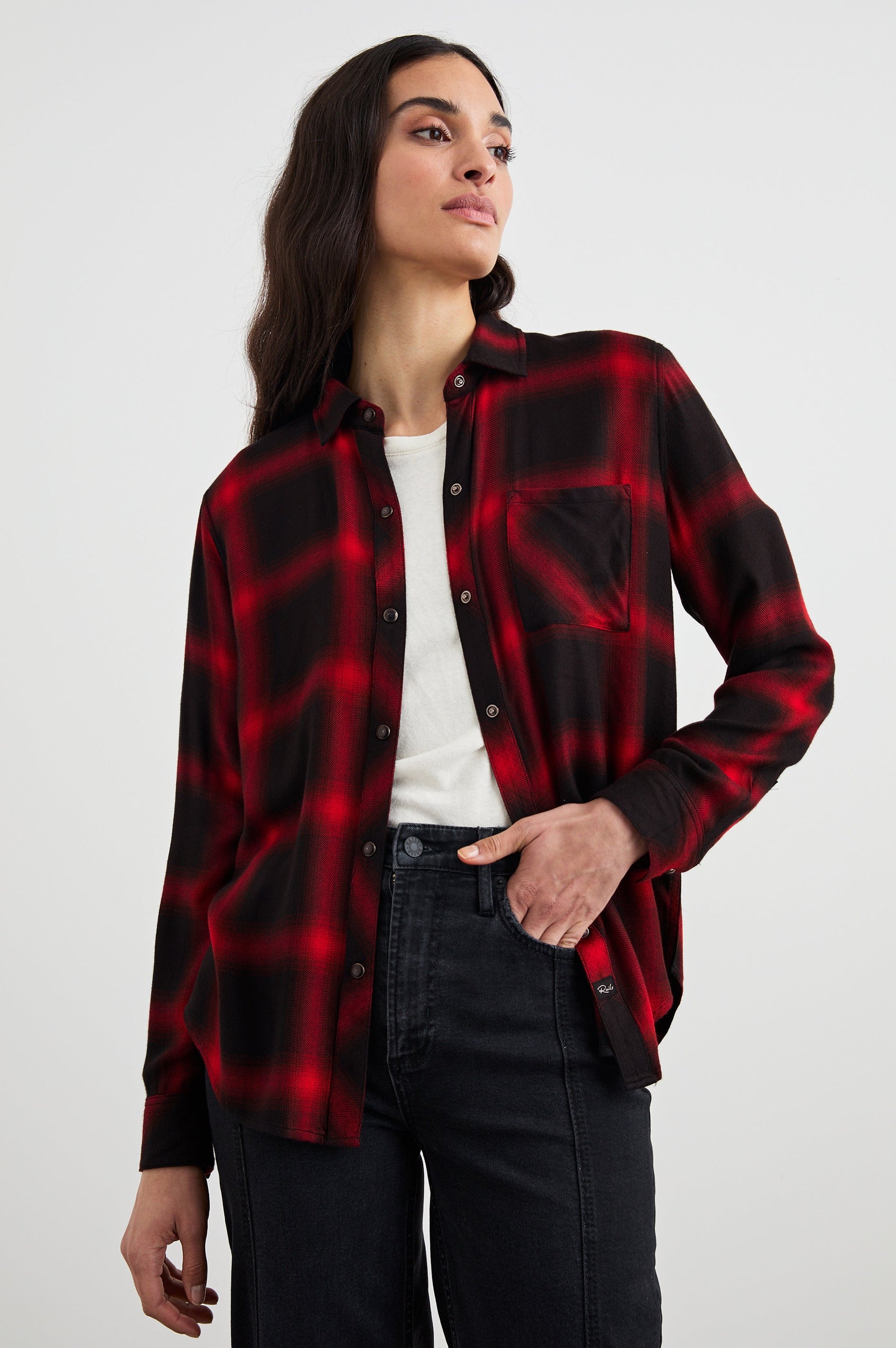 Hunter Long-Sleeve Button Up with snaps and a Chest Patch Pocket in Diffused Cardinal Black Colorway, plaid  - Front Unbuttoned View Featured on Model