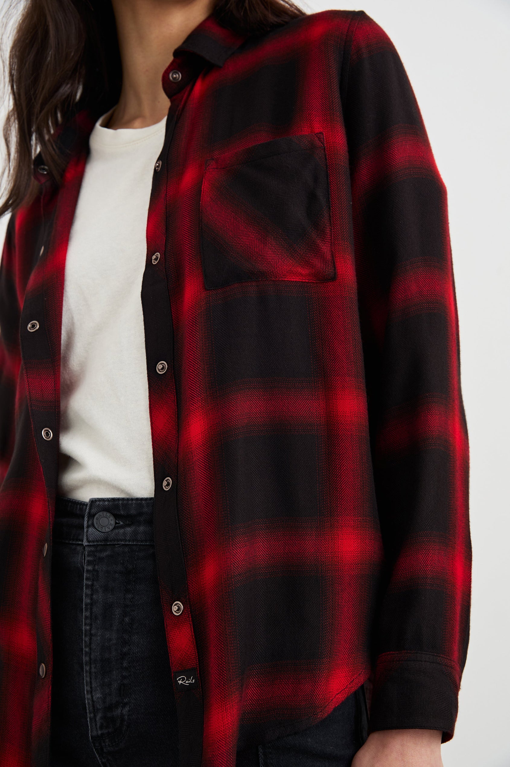 Hunter Long-Sleeve Button Up with snaps and a Chest Patch Pocket in Diffused Cardinal Black Colorway, plaid  - Front Unbuttoned View Featured on Model