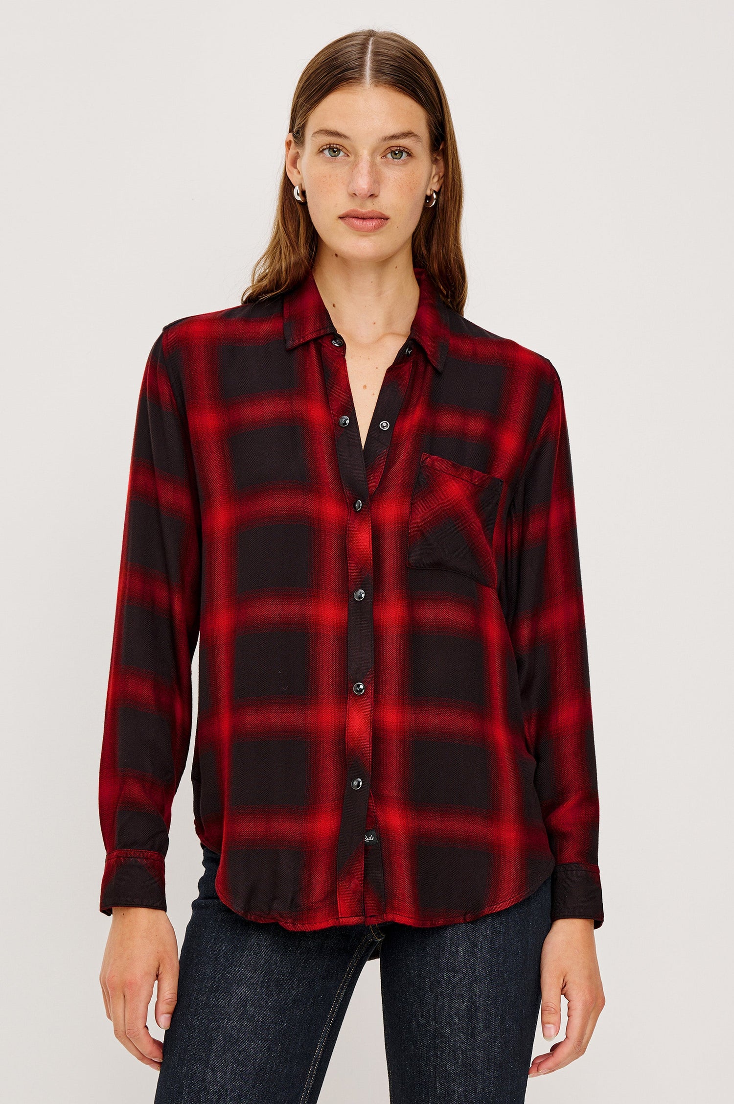 Hunter Long-Sleeve Button Up with snaps and a Chest Patch Pocket in Diffused Cardinal Black Colorway, plaid  - Front Buttoned View Featured on Model