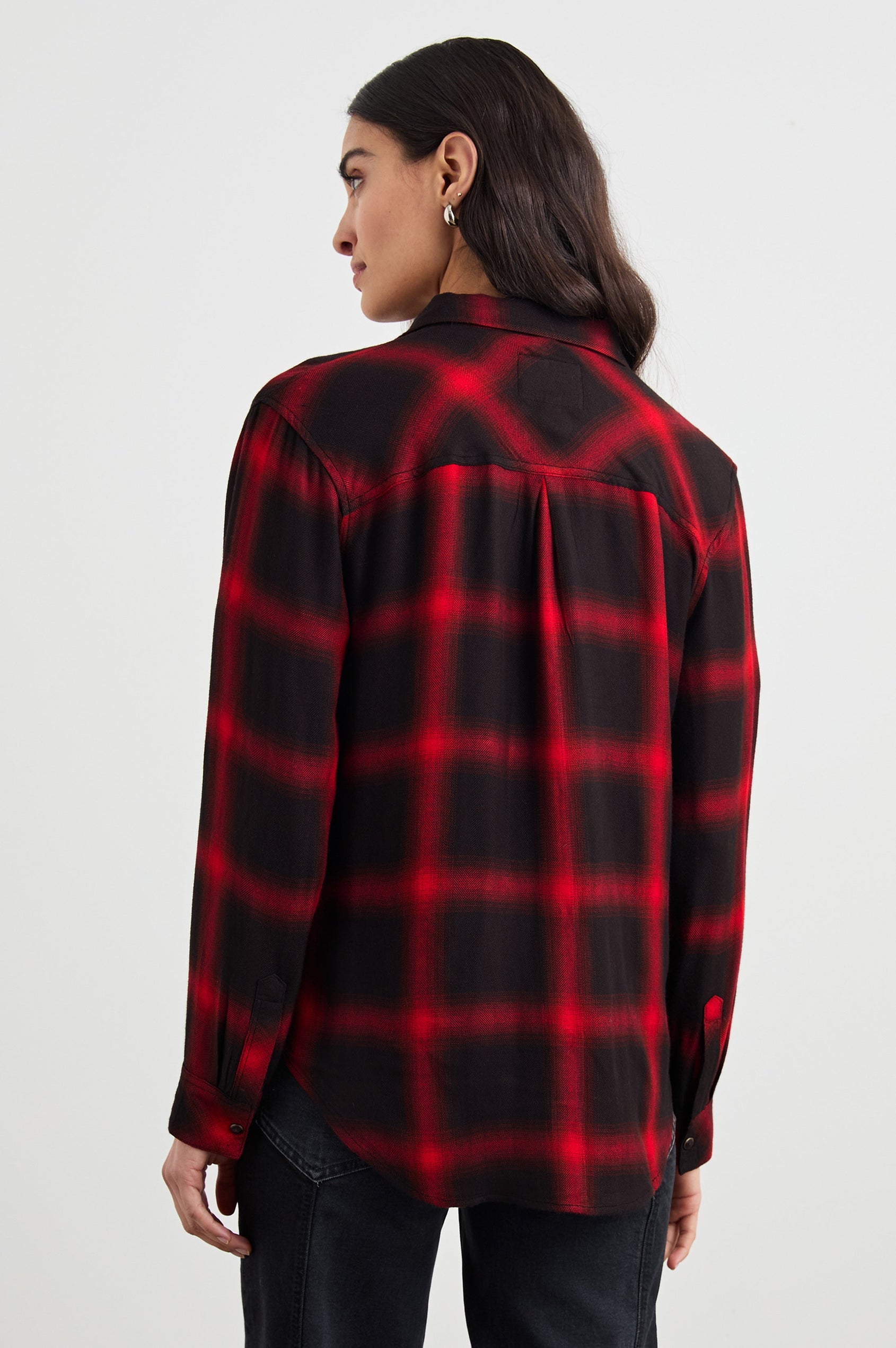 Hunter Long-Sleeve Button Up with snaps and a Chest Patch Pocket in Diffused Cardinal Black Colorway, plaid  - Back View Featured on Model